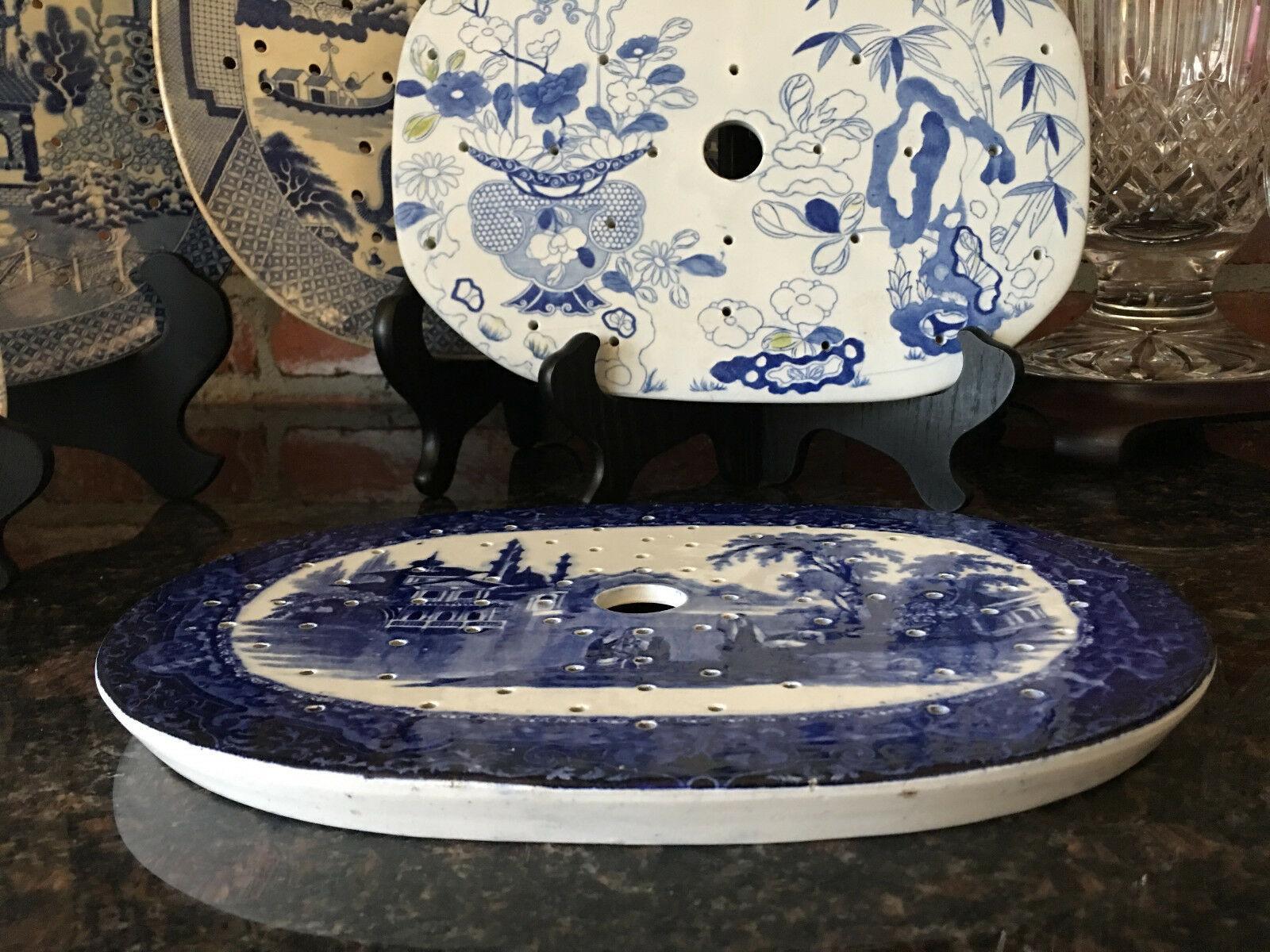 Glazed Antique English Meat Platter Drainer Flow Blue Victorian Transferware China