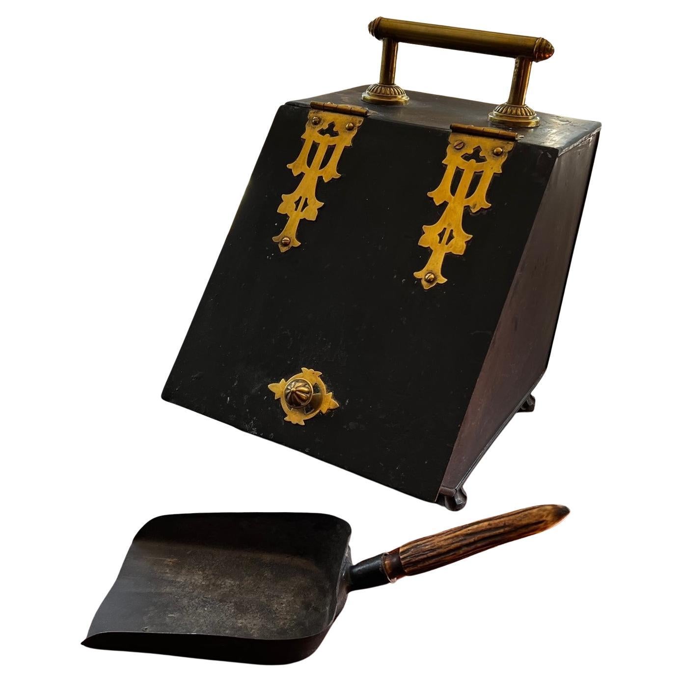 Antique English Metal and Brass Coal Scuttle with Bone Handle Shovel