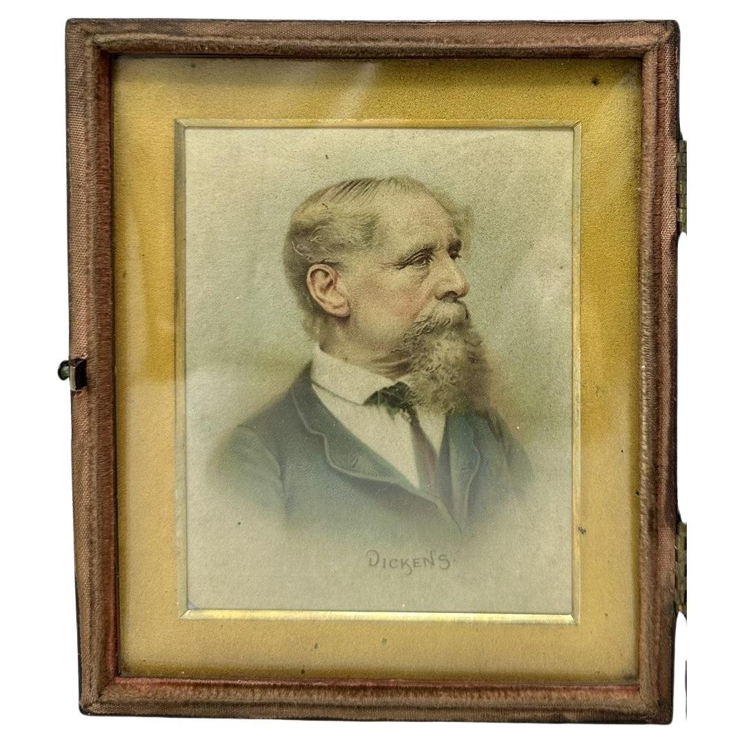  Antique English Miniature Watercolor Male Portrait of Charles Dickens 1812-1870 For Sale