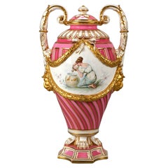 Antike englische Minton-Urne aus handbemalter und vergoldetem Porzellan mit Deckel, 19. Jahrhundert