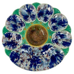 Antique English Minton Majolica Blue & Green Porcelain Oyster Plate, Circa 1875