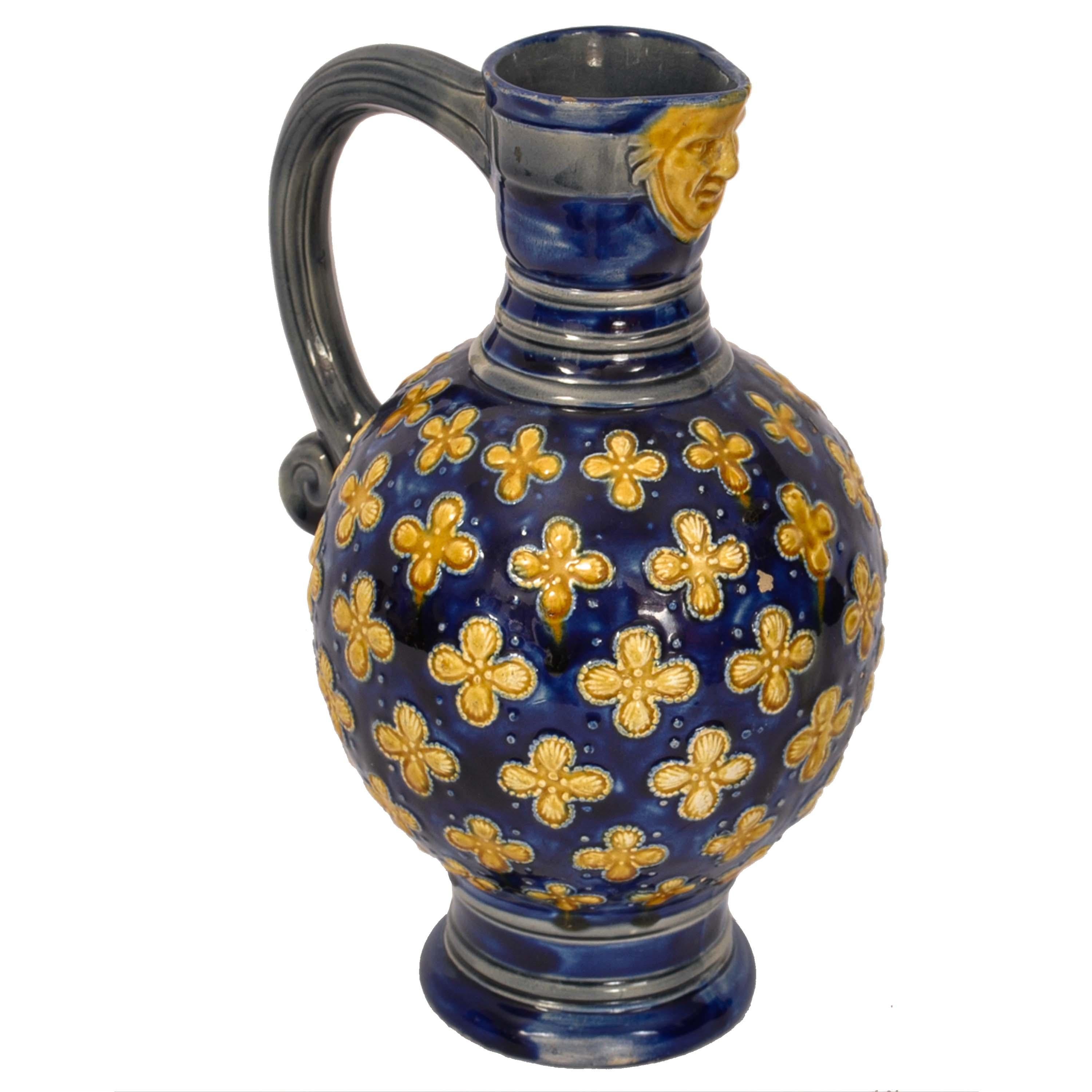 High Victorian Antique English Minton Majolica Pottery Blue Pottery Beer Jug Pitcher 1870 For Sale