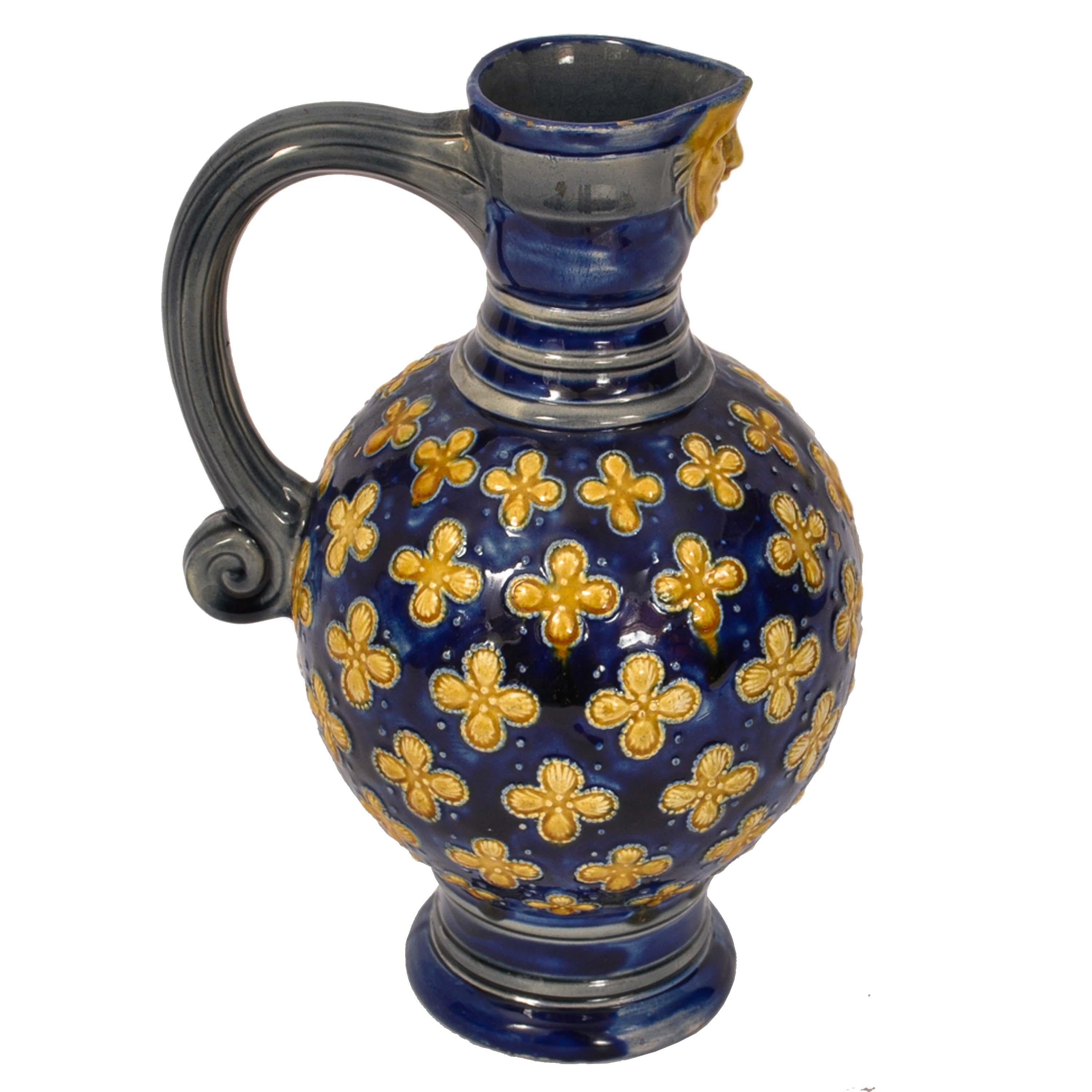 Glazed Antique English Minton Majolica Pottery Blue Pottery Beer Jug Pitcher 1870 For Sale