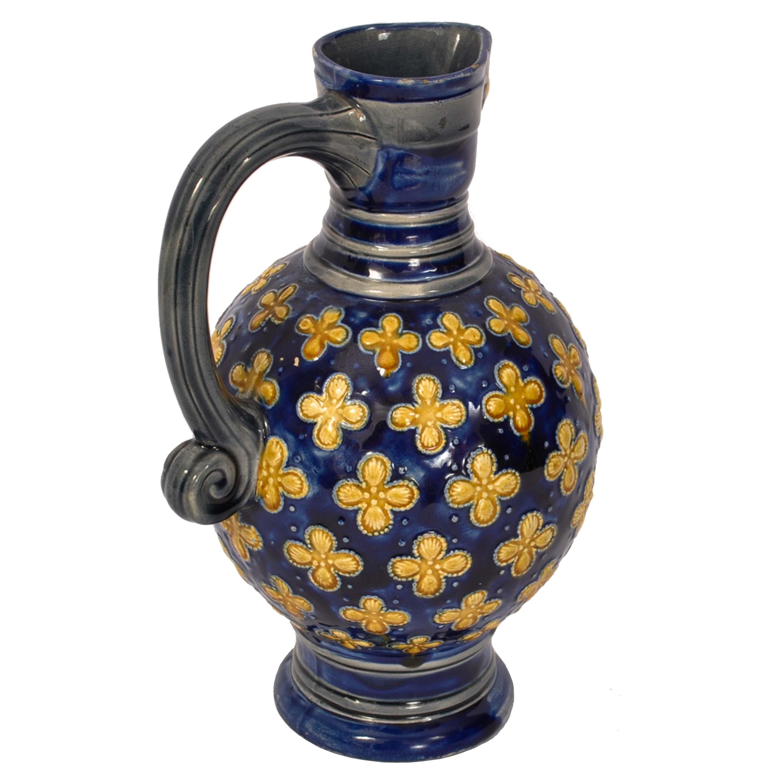 Antique English Minton Majolica Pottery Blue Pottery Beer Jug Pitcher 1870 In Good Condition For Sale In Portland, OR