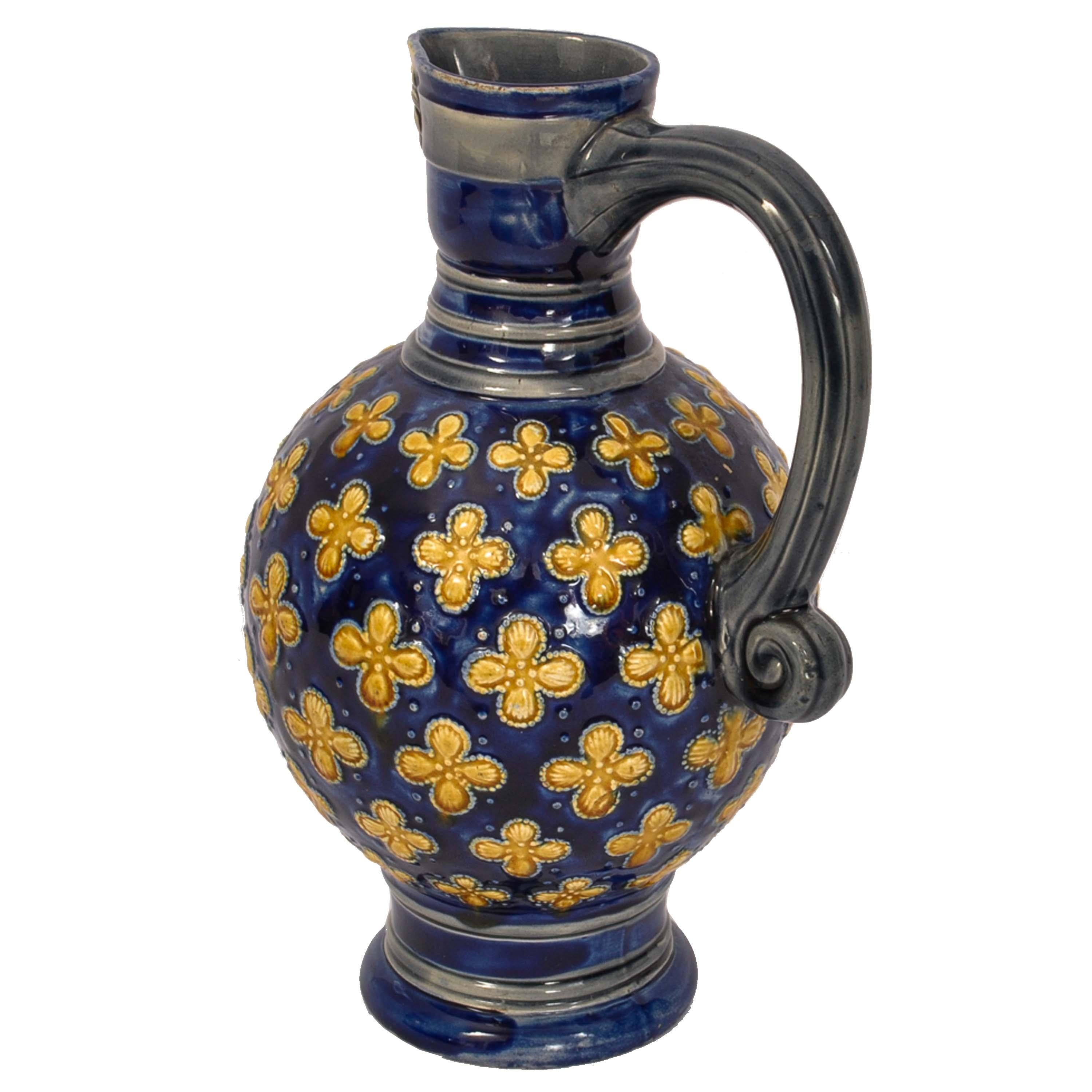 Late 19th Century Antique English Minton Majolica Pottery Blue Pottery Beer Jug Pitcher 1870 For Sale