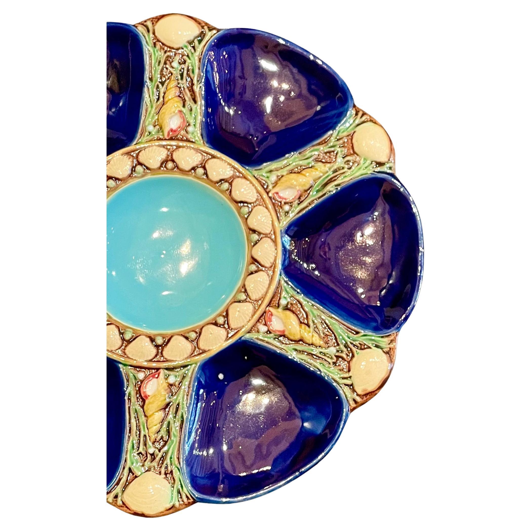 Beautiful Antique English Majolica cobalt blue porcelain oyster plate signed 