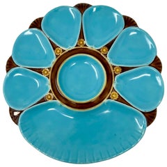 Ancienne assiette à huîtres anglaise en majolique de Minton peinte à la main et en porcelaine, vers 1875