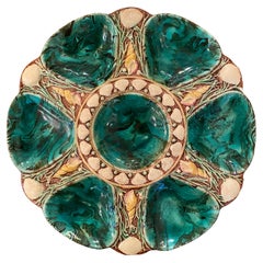 Antique English Minton Majolica Malachite Green Porcelain Oyster Plate, Ca. 1865