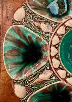 Antique English Minton Majolica Malachite Green Porcelain Oyster Plate, Ca. 1875