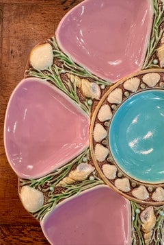 Antique English Minton Majolica Pink with Blue Porcelain Oyster Plate Circa 1865