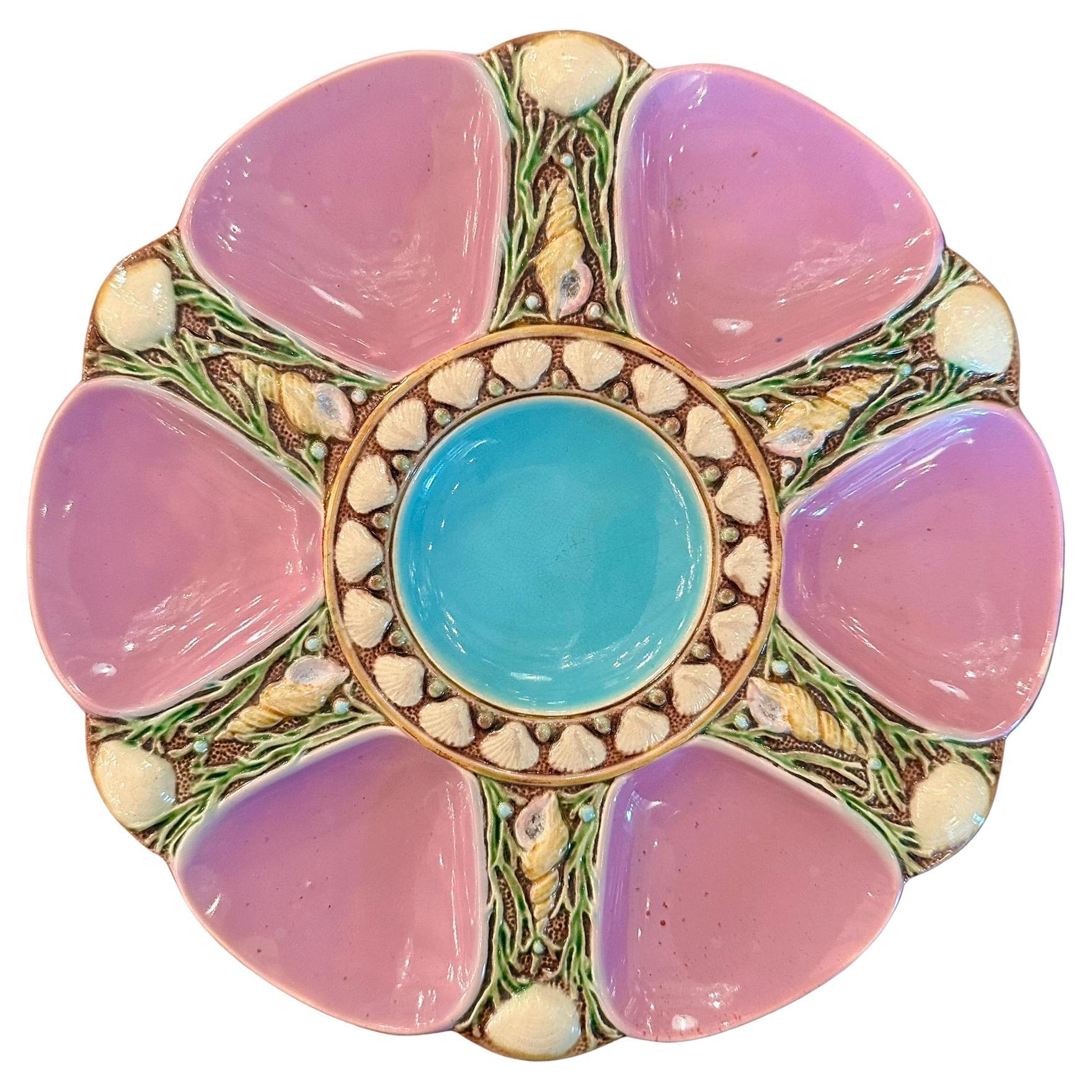 Antico piatto da ostrica in maiolica inglese Minton rosa e blu CIRCA 1865 in vendita