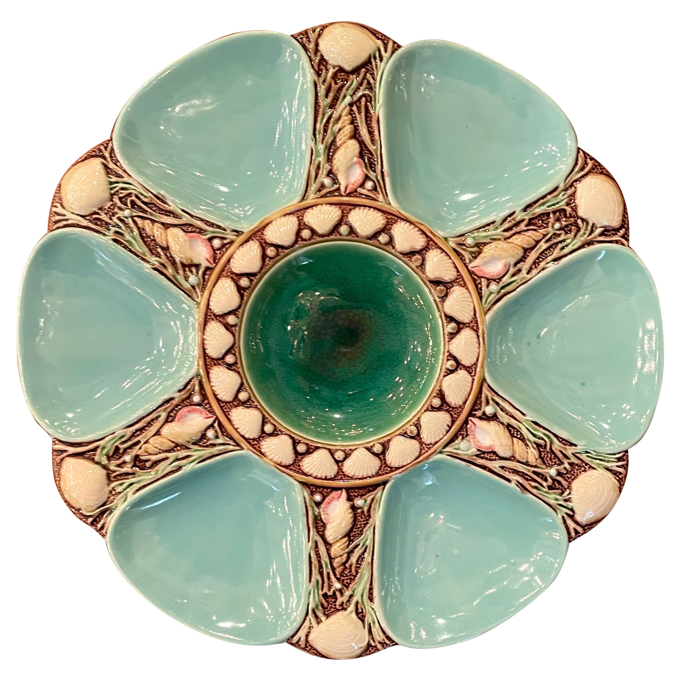 Antique English Minton Majolica Porcelain Blue 
Green Oyster Plate, Circa 1865.