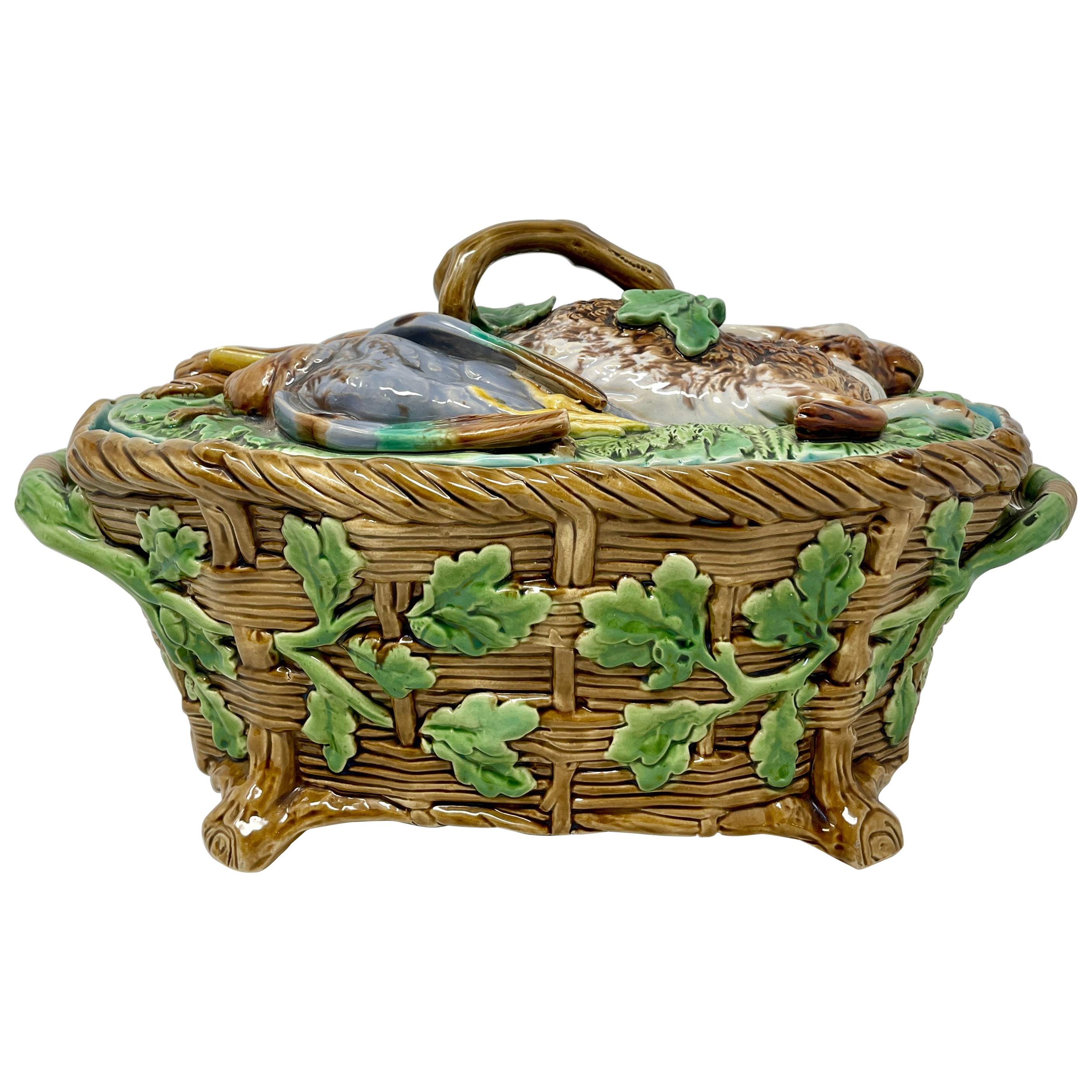 Antique English Minton Majolica Porcelain Figural Duck & Rabbit Tureen, Ca. 1890