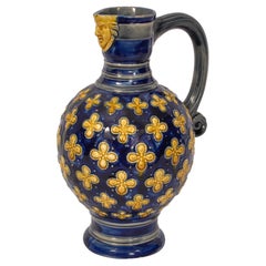 Antique English Minton Majolica Pottery Blue Pottery Beer Jug Pitcher 1870