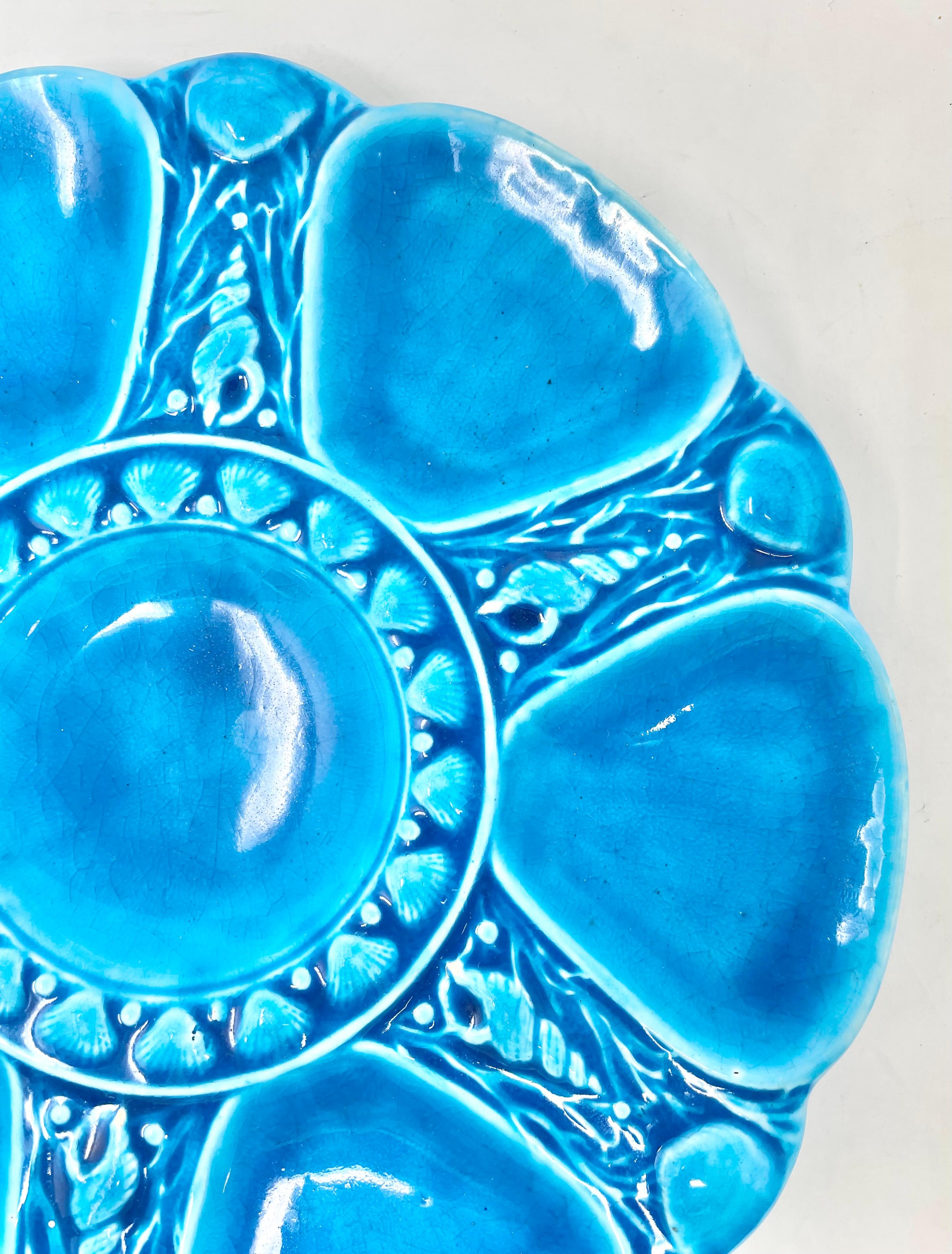 Rare Antique English Minton Majolica Turquoise Glazed Porcelain Oyster plate, Circa 1865.
Rare Chinoiserie style turquoise blue glaze.