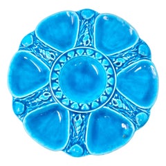 Antique English Minton Majolica Turquoise Glazed Porcelain Oyster Plate Ca. 1865