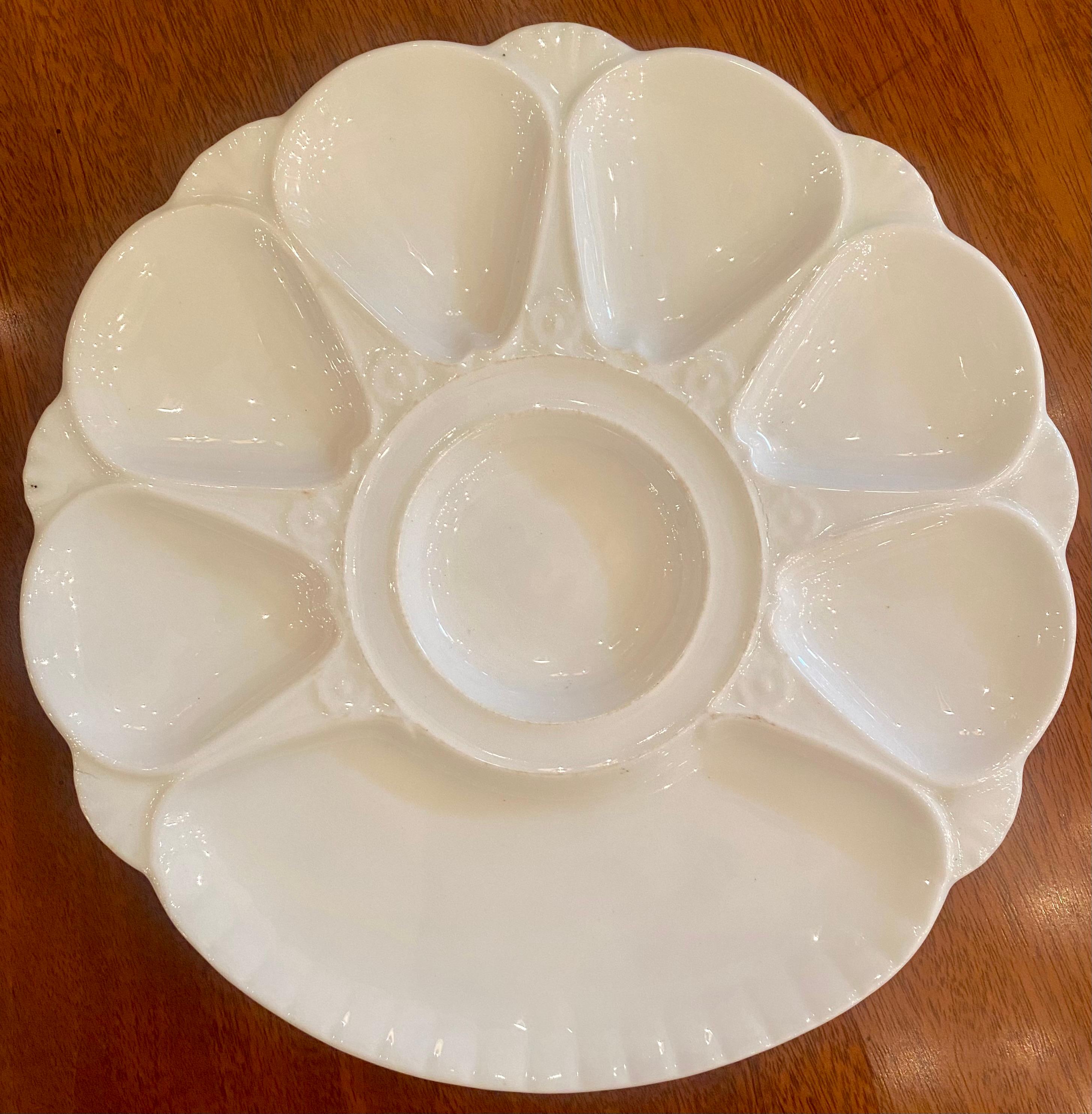 Rare antique English Minton Majolica all white porcelain oyster plate with large cracker well, Circa 1870's.