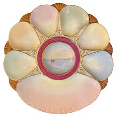 Antique English Minton Porcelain Oyster Plate w/ Hand-Painted Sailboat, Ca. 1870