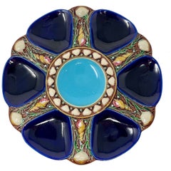 Antique English "Mintons" Majolica Cobalt & Seafoam Green Oyster Plate, Ca. 1875