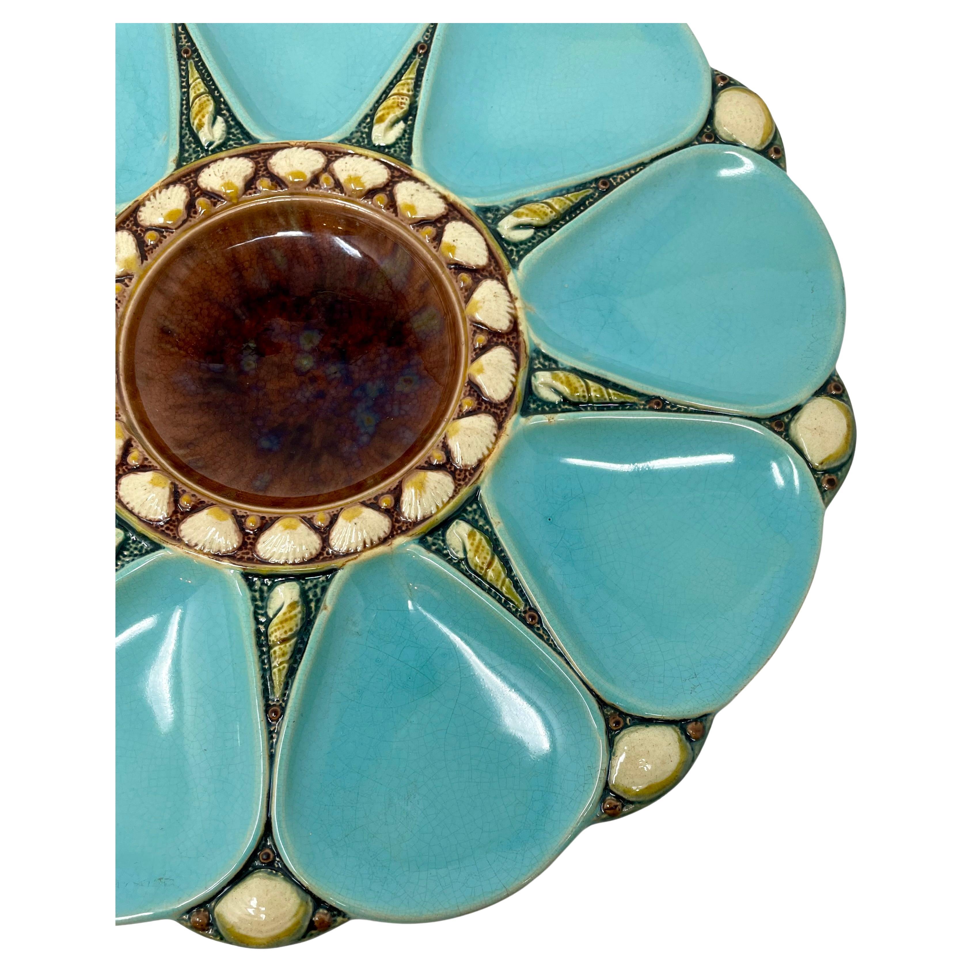 Ancienne assiette à huître radiale en porcelaine Majolica anglaise 