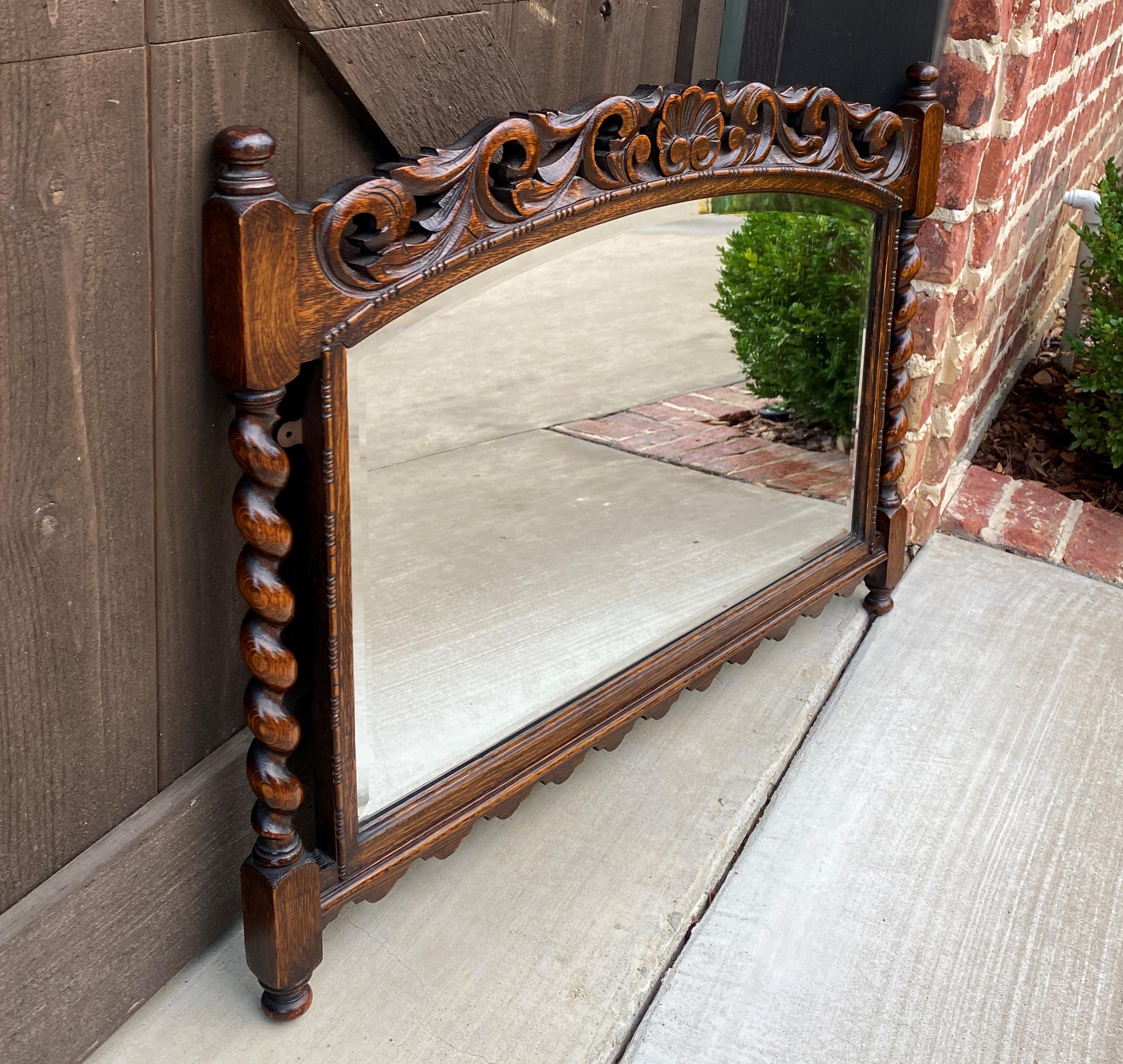 Antique English Mirror Barley Twist Posts Jacobean Oak Beveled Mirror 1930s In Good Condition In Tyler, TX