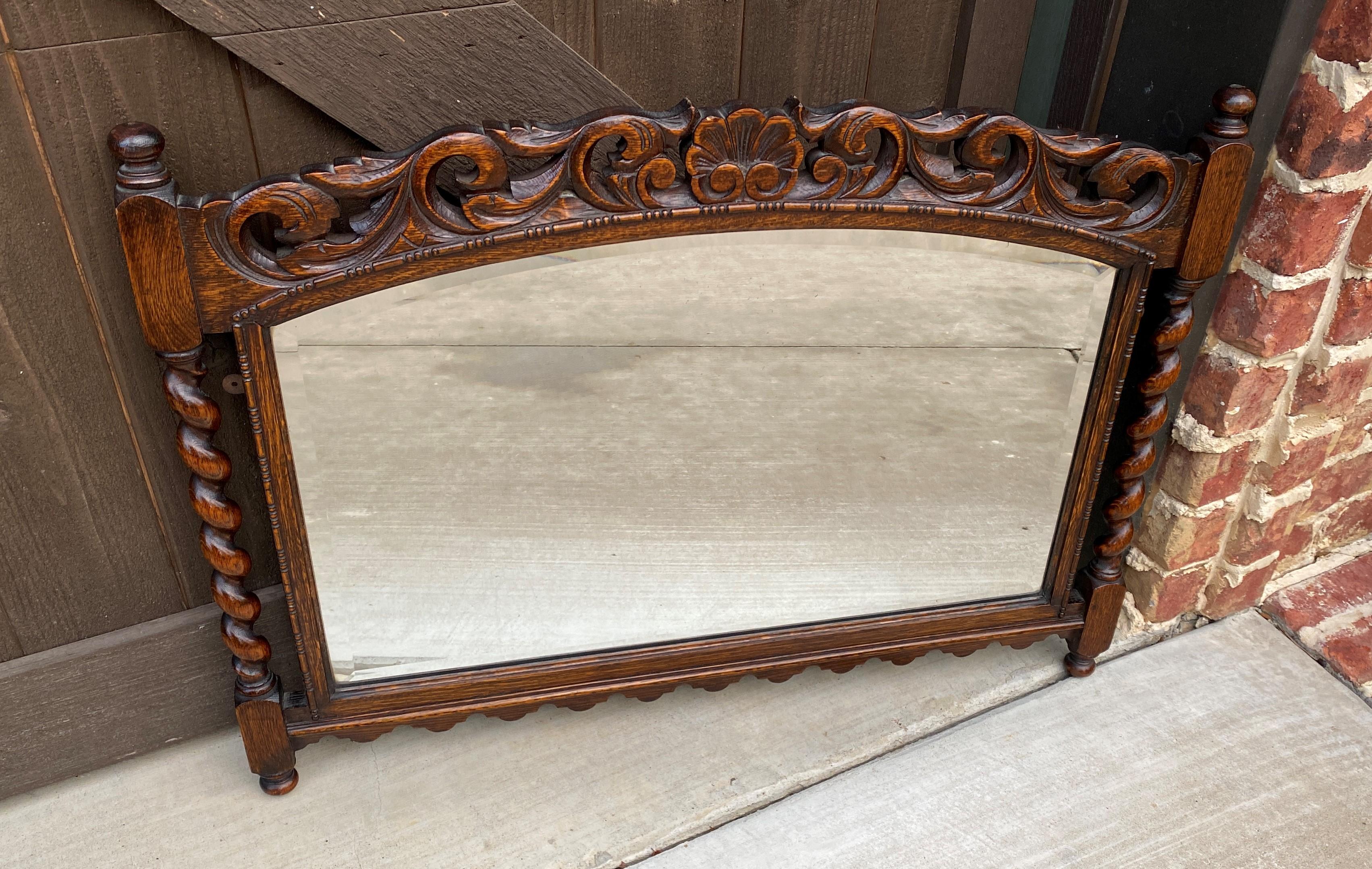 Mid-20th Century Antique English Mirror Barley Twist Posts Jacobean Oak Beveled Mirror 1930s