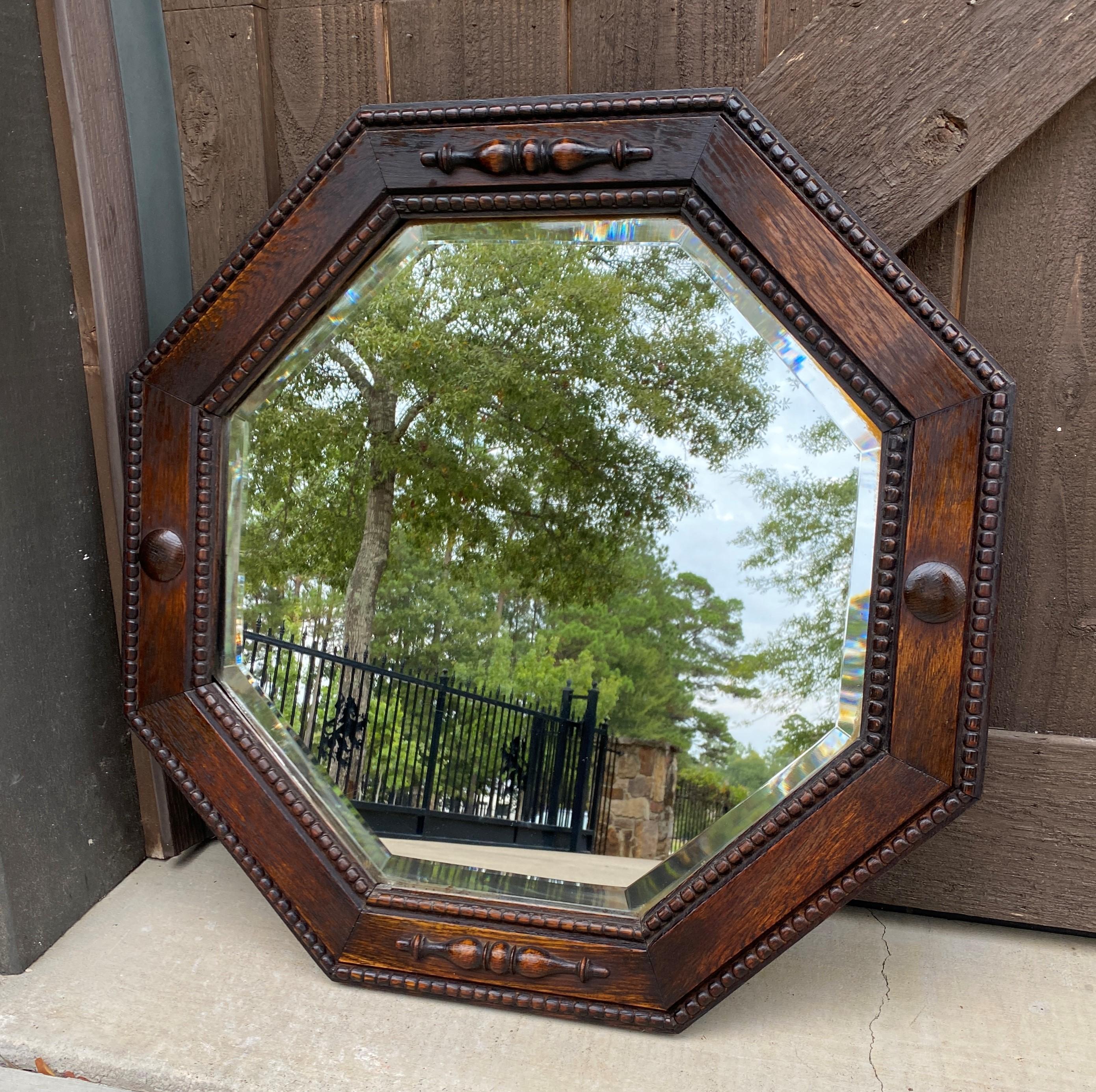 Antique English Mirror Jacobean Carved Oak Framed Beveled Mirror Octagonal 1930s 5