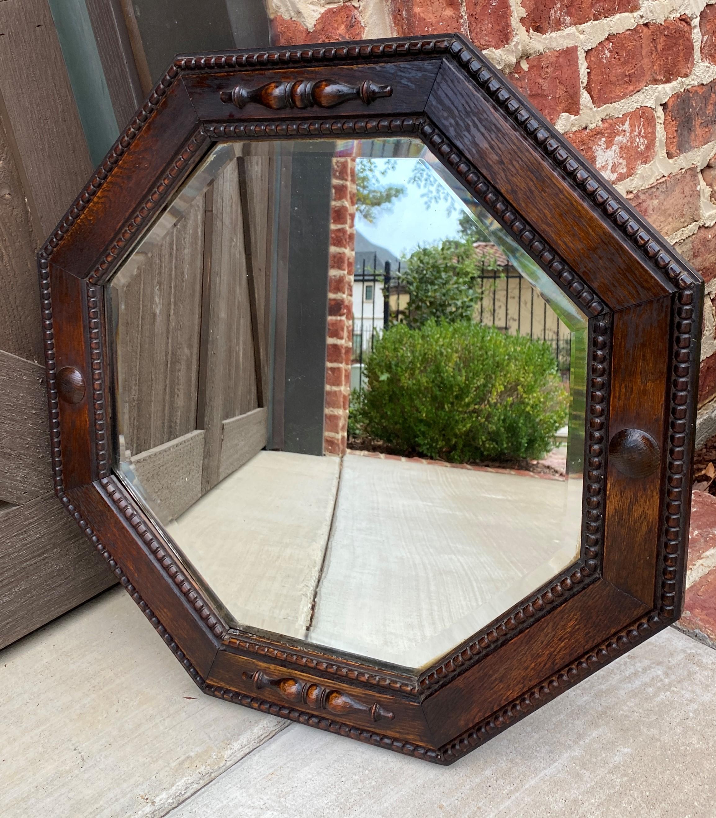 Antique English Mirror Jacobean Carved Oak Framed Beveled Mirror Octagonal 1930s 7