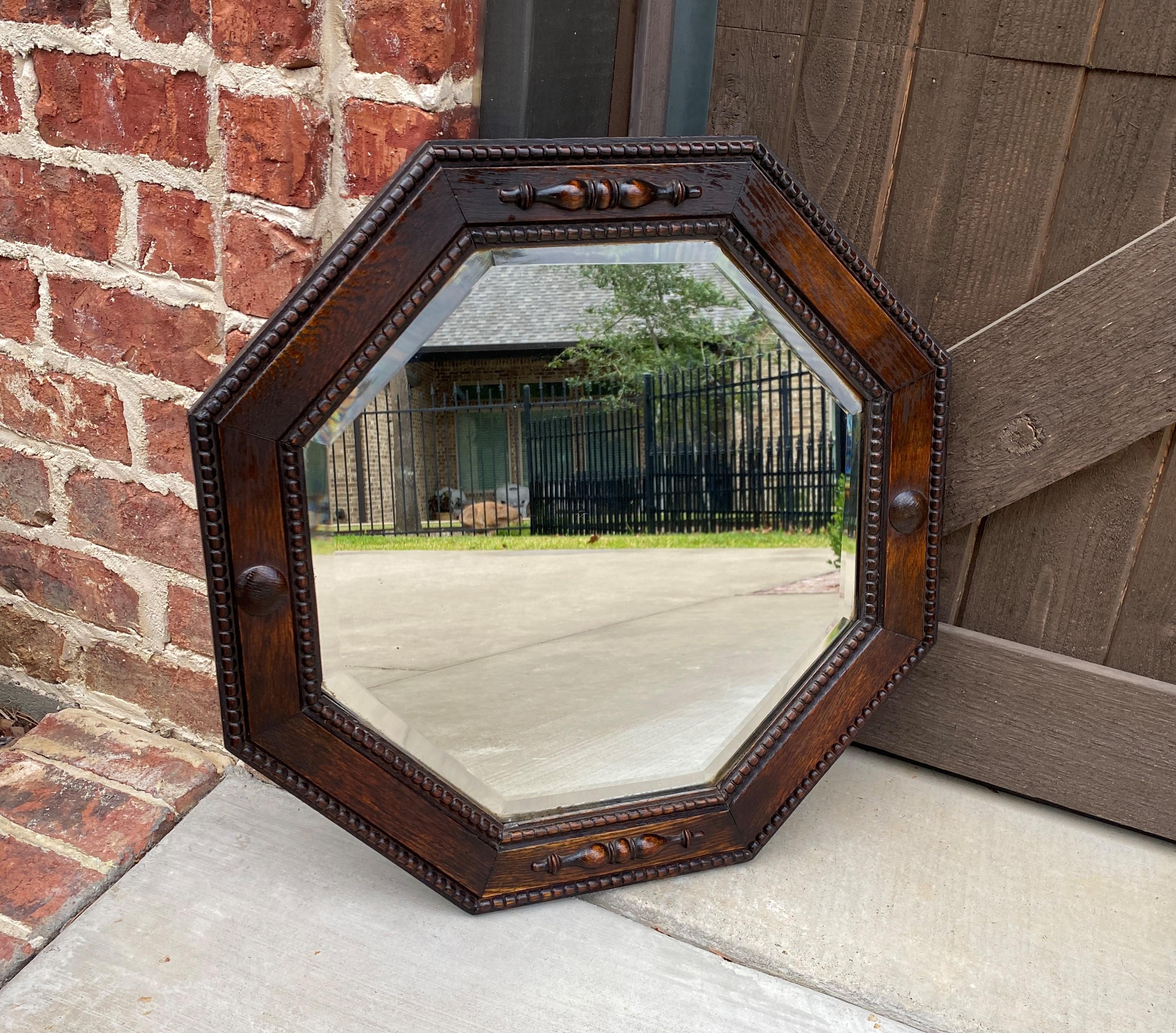 Antique English Mirror Jacobean Carved Oak Framed Beveled Mirror Octagonal 1930s 2