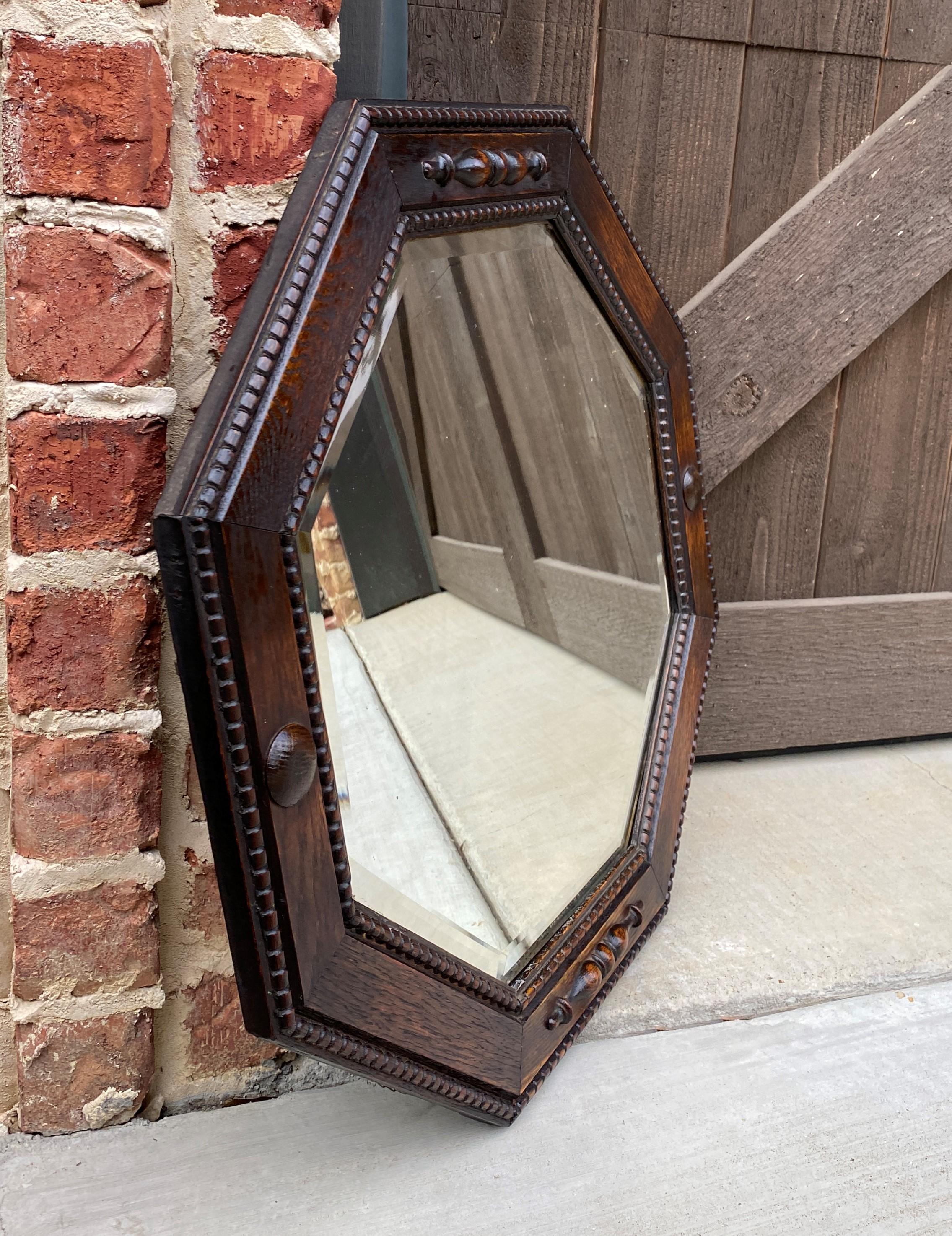 Antique English Mirror Jacobean Carved Oak Framed Beveled Mirror Octagonal 1930s 3