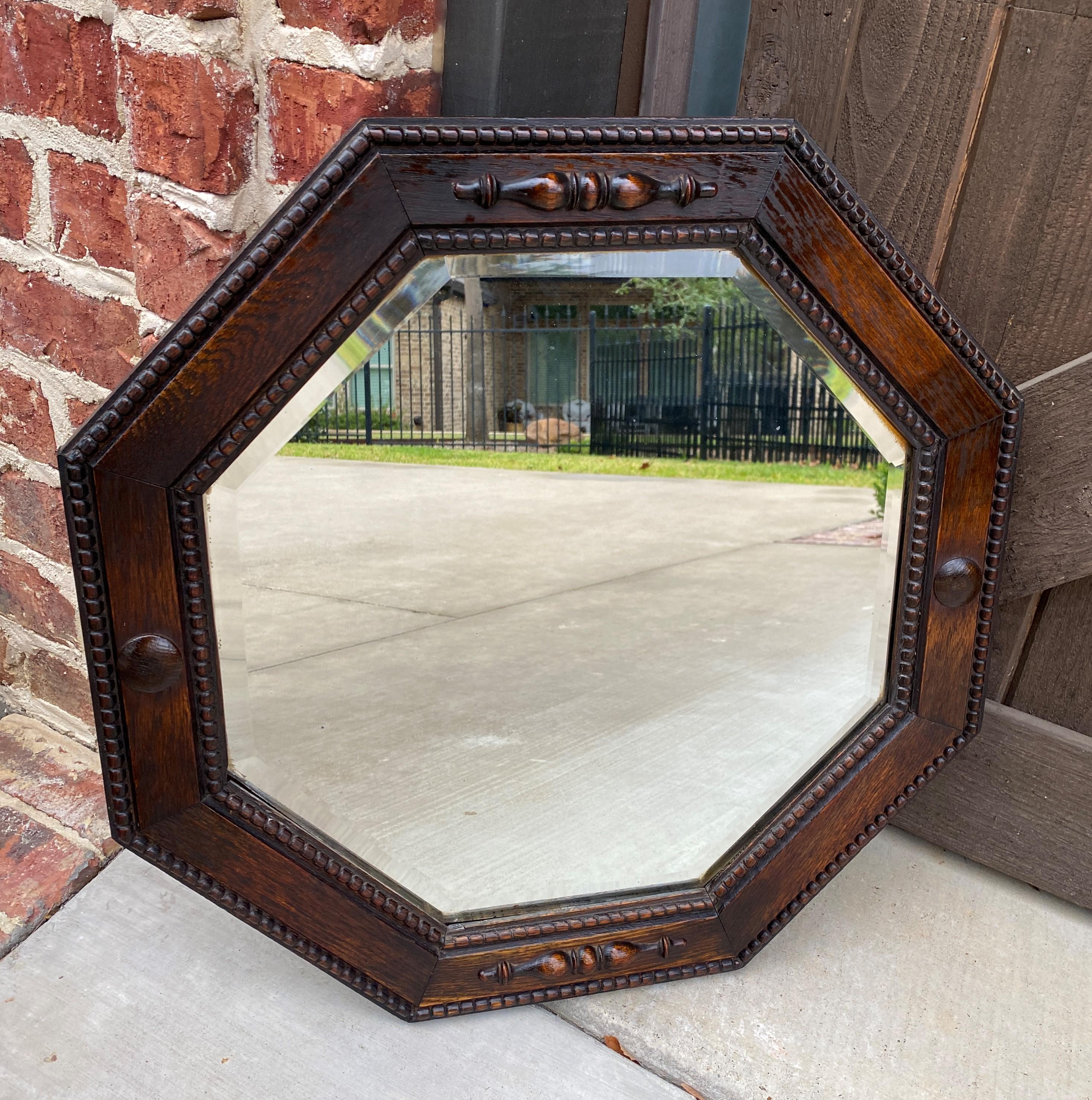 Antique English Mirror Jacobean Carved Oak Framed Beveled Mirror Octagonal 1930s 4
