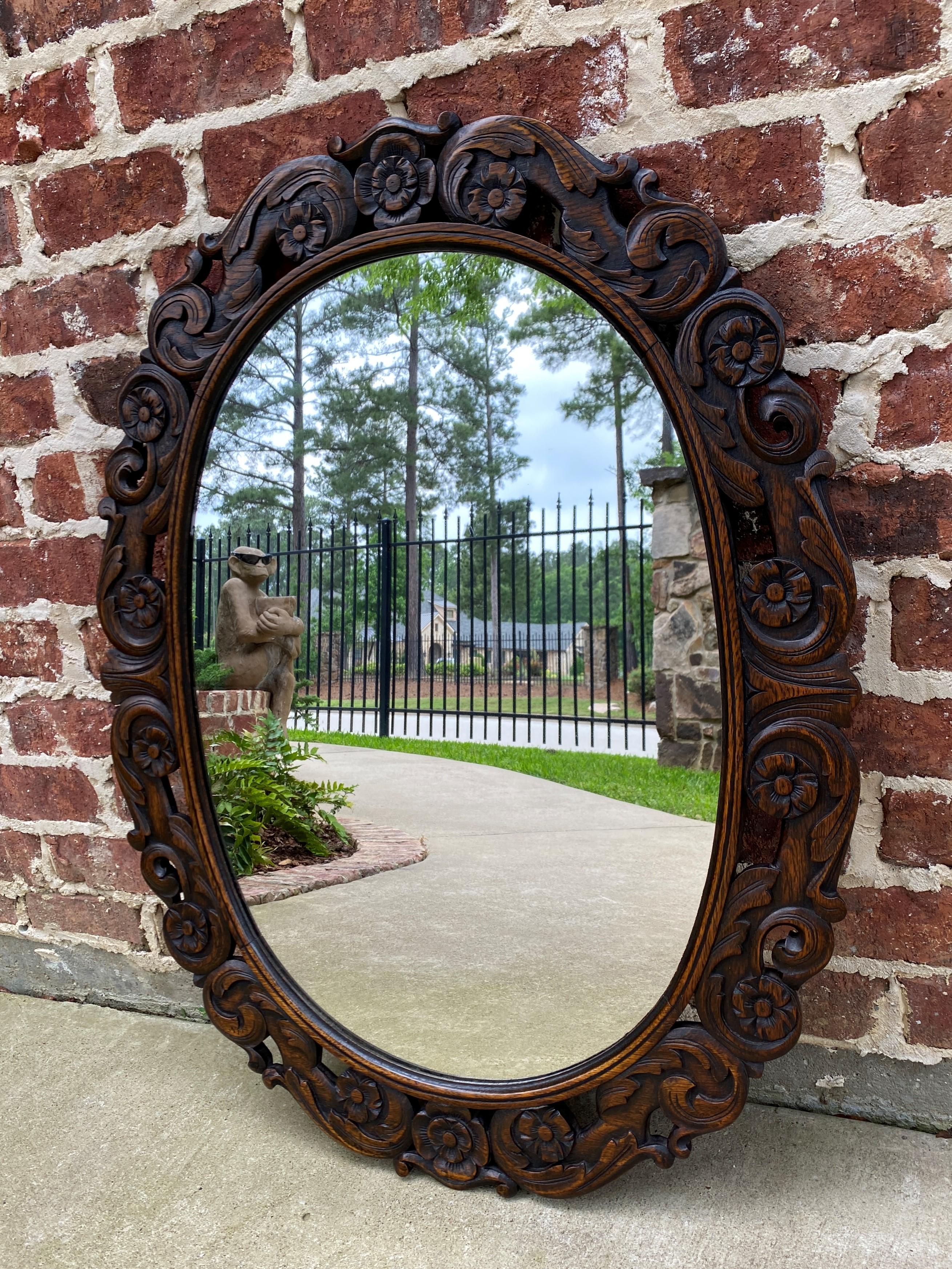 Antique English Mirror OVAL Carved Oak Frame Wood Back Edwardian Era 6