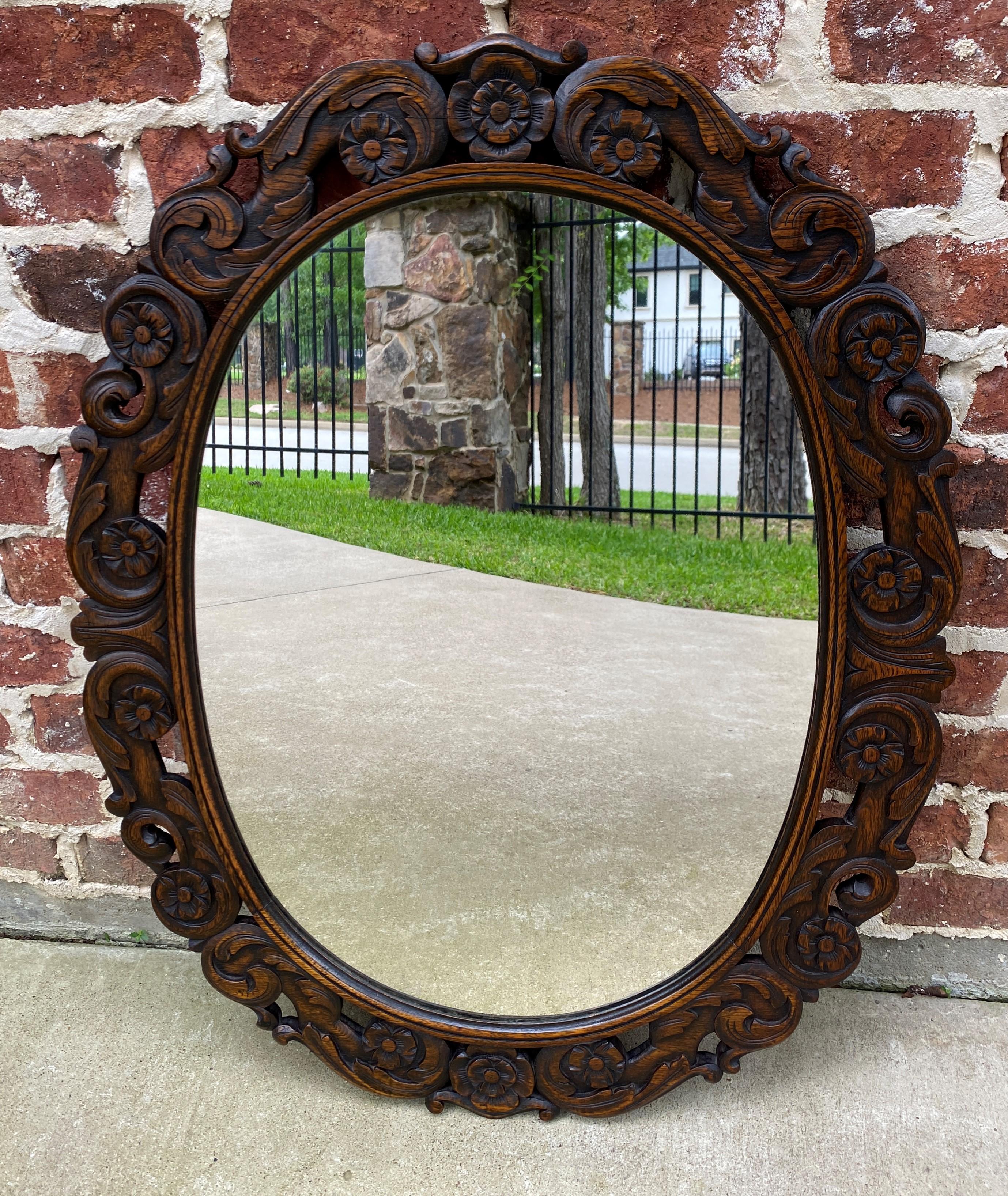 Antique English Mirror OVAL Carved Oak Frame Wood Back Edwardian Era 7