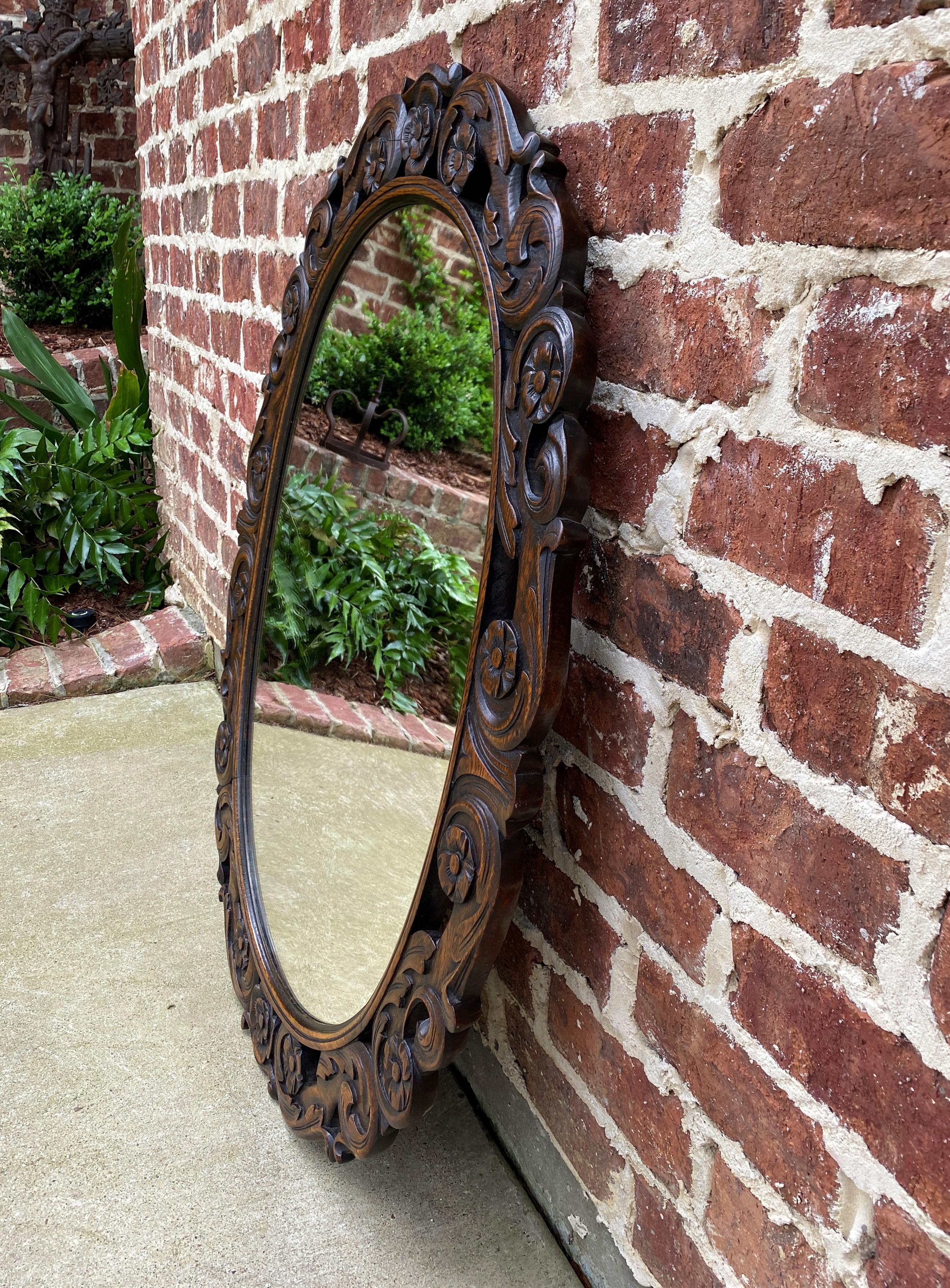 Antique English Mirror OVAL Carved Oak Frame Wood Back Edwardian Era 9