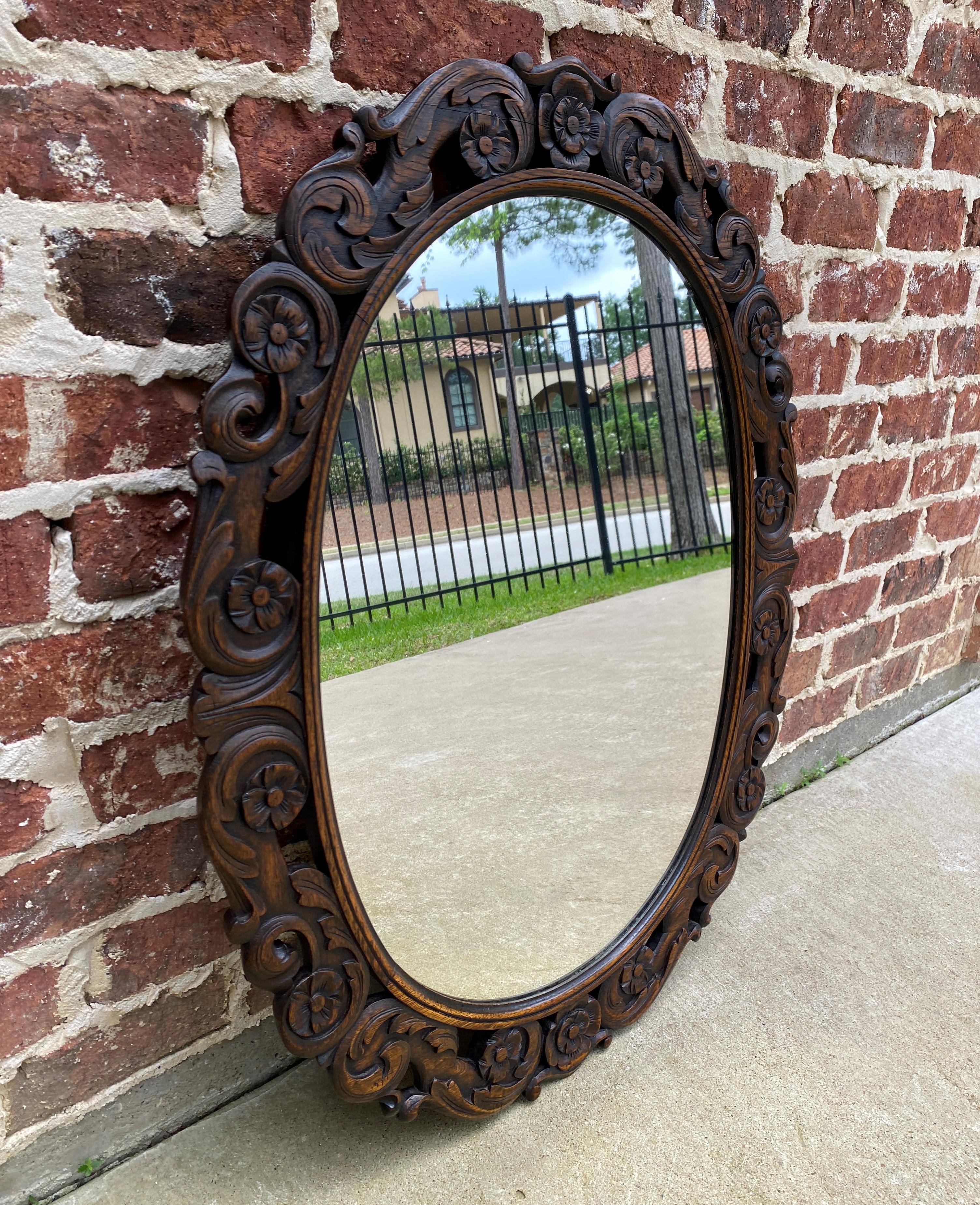 Antique English Mirror OVAL Carved Oak Frame Wood Back Edwardian Era 10