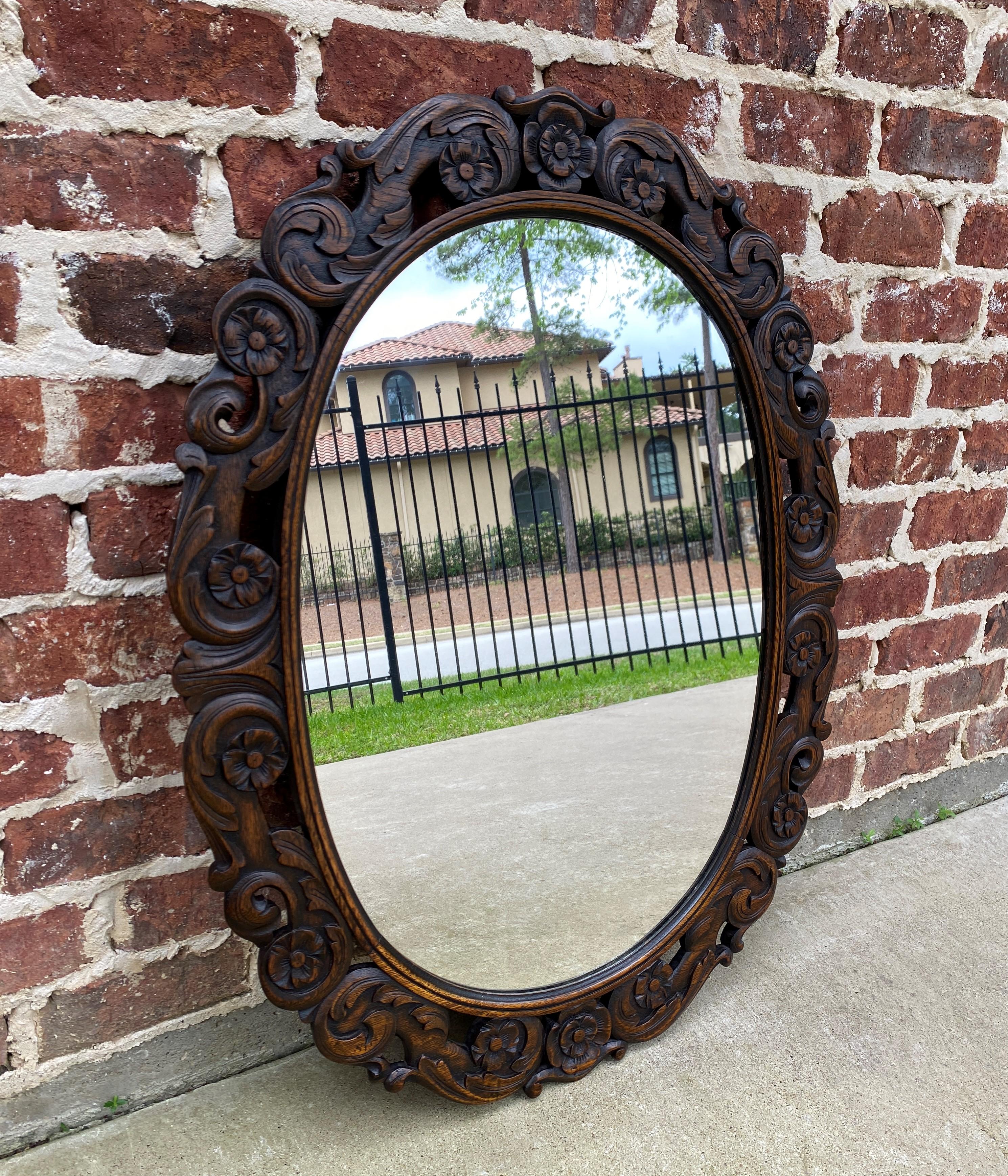 Antique English Mirror OVAL Carved Oak Frame Wood Back Edwardian Era 12