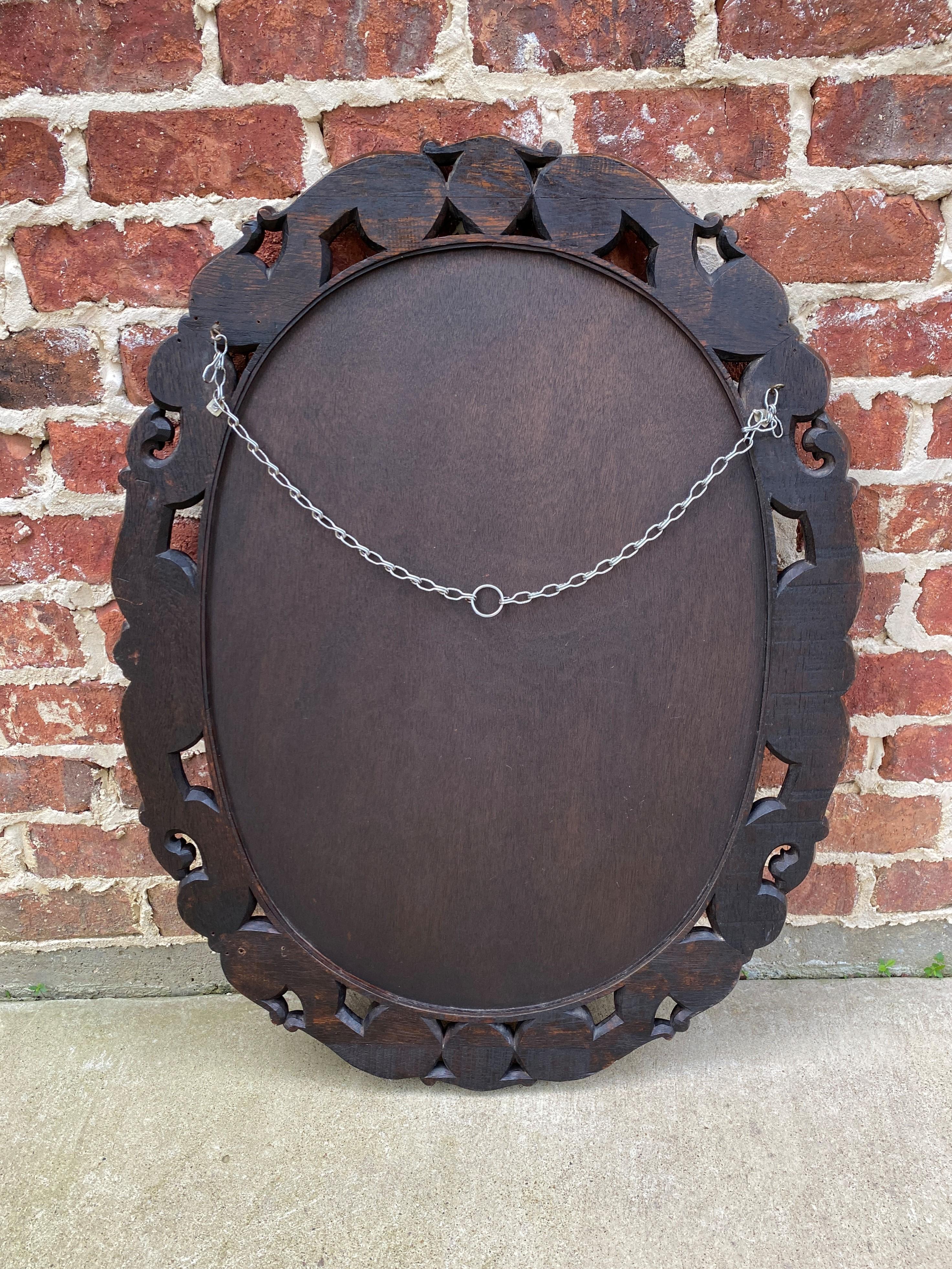 Antique English Mirror OVAL Carved Oak Frame Wood Back Edwardian Era 13