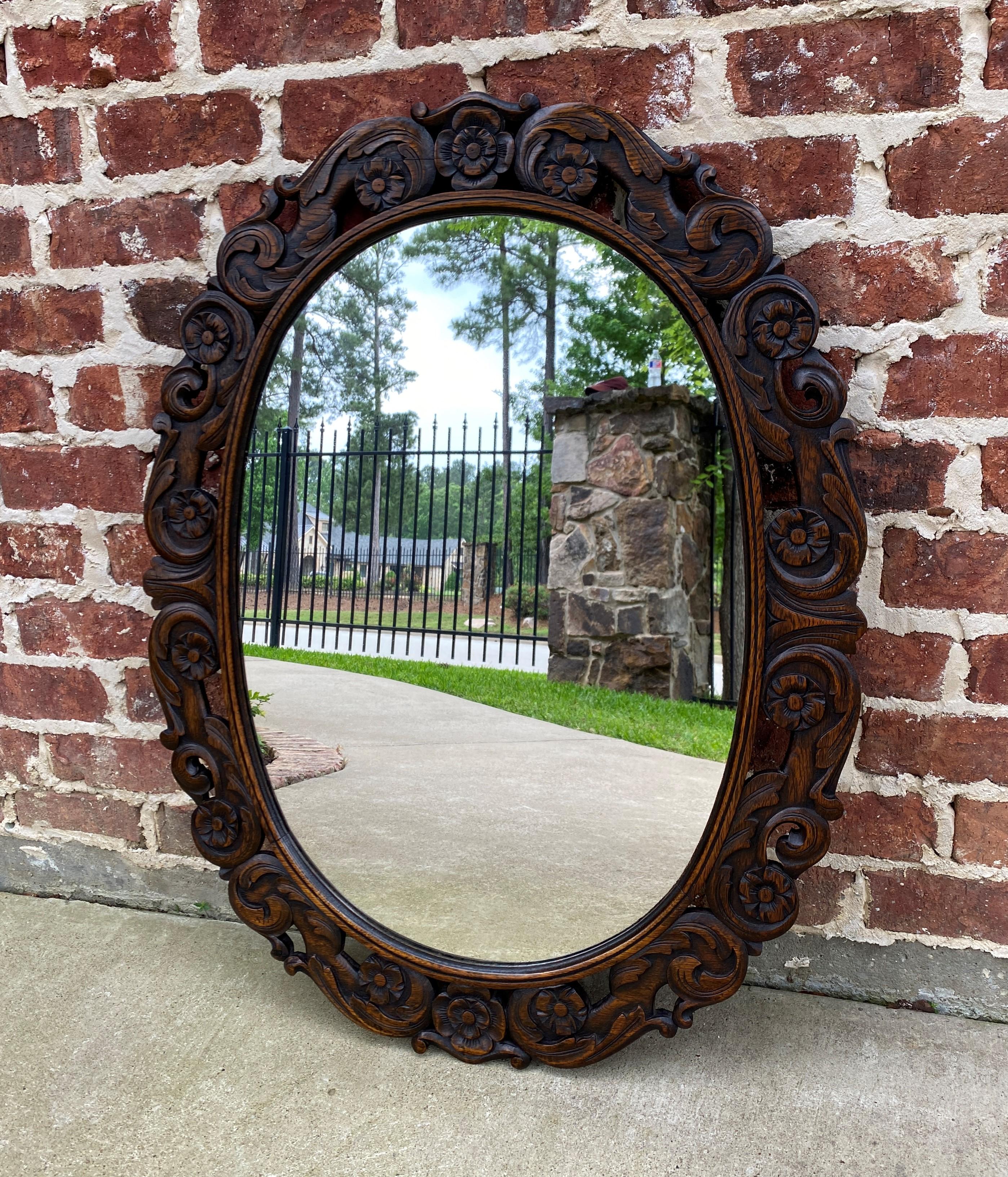 Antique English Mirror OVAL Carved Oak Frame Wood Back Edwardian Era In Good Condition In Tyler, TX