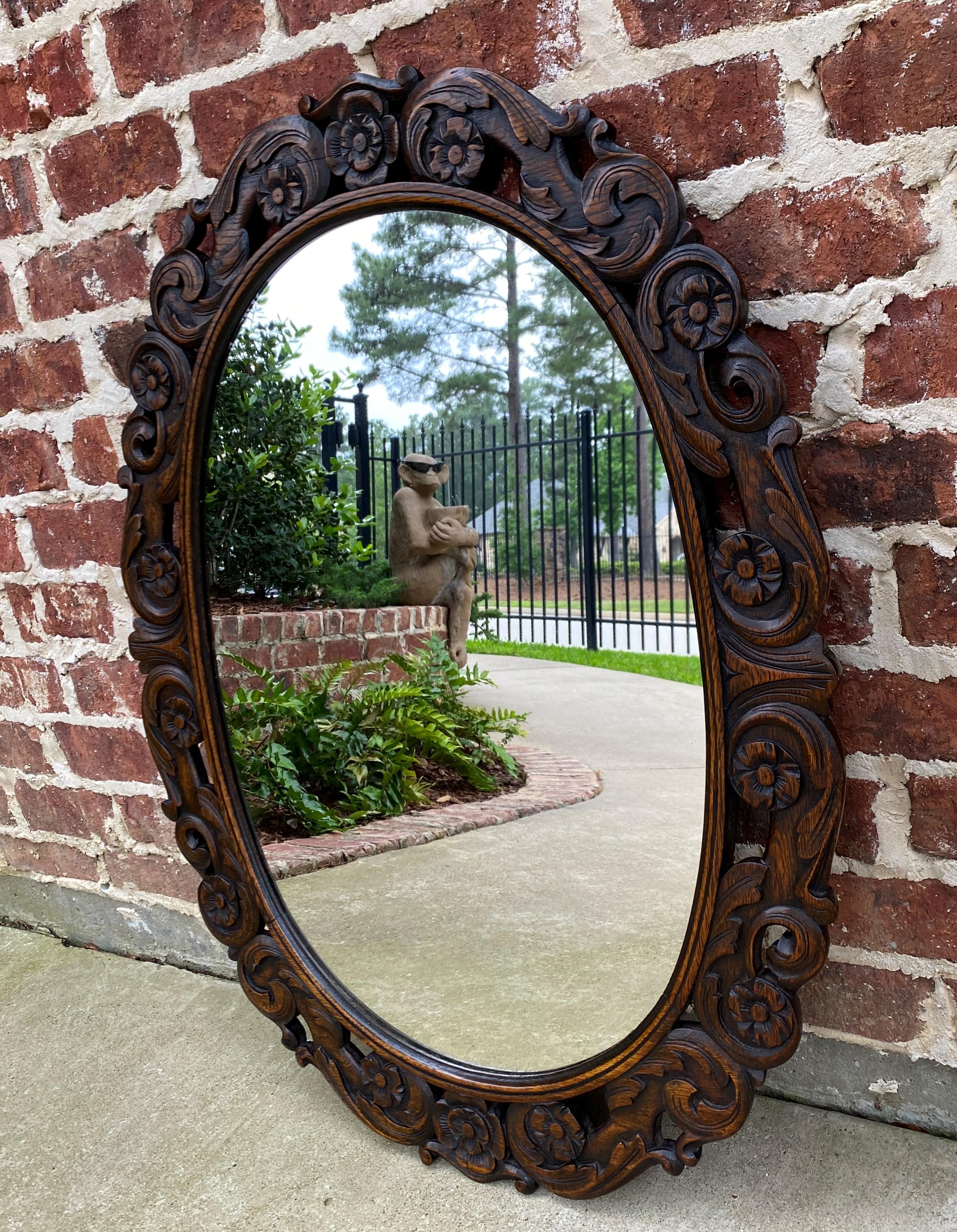 Early 20th Century Antique English Mirror OVAL Carved Oak Frame Wood Back Edwardian Era