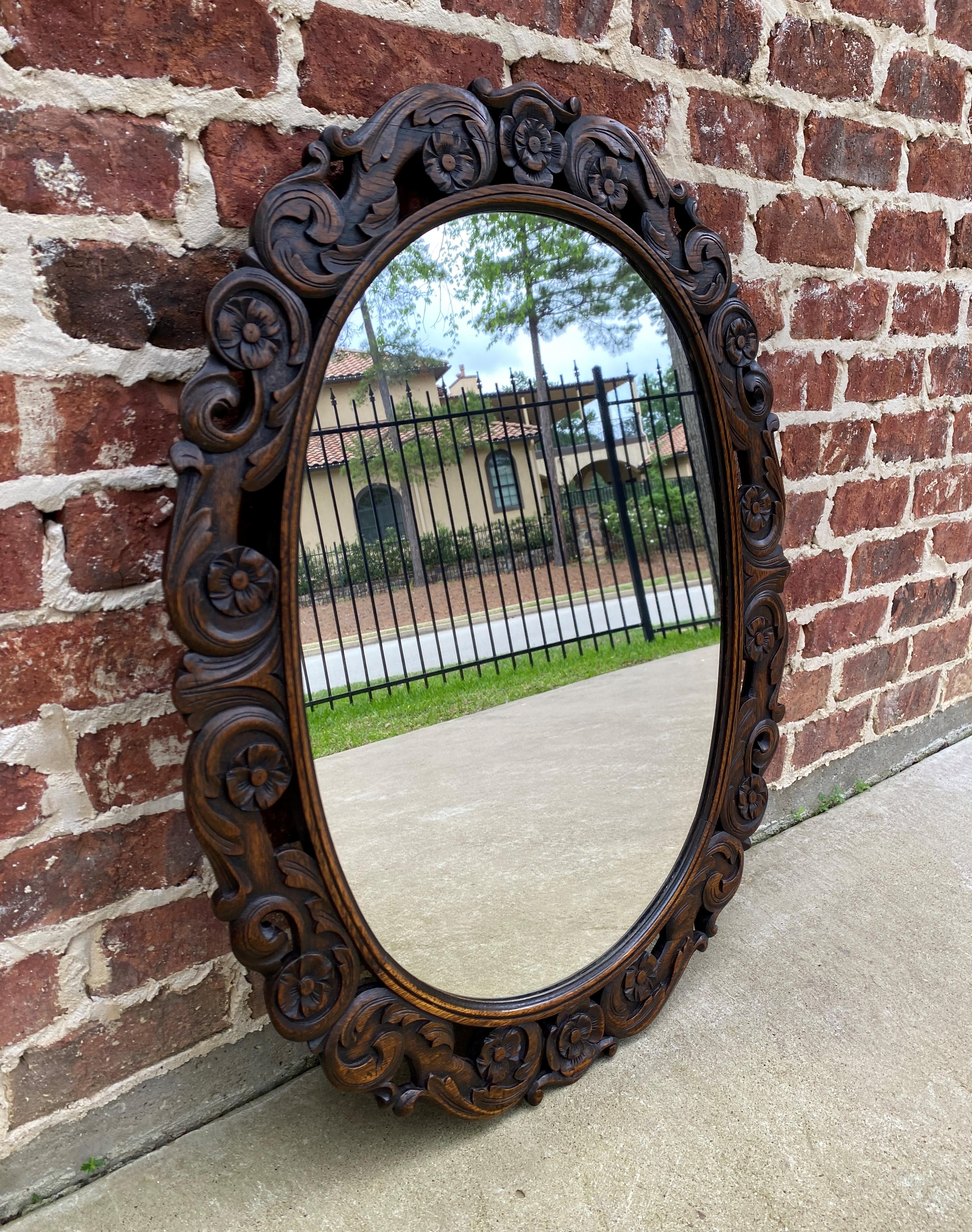 Antique English Mirror OVAL Carved Oak Frame Wood Back Edwardian Era 1