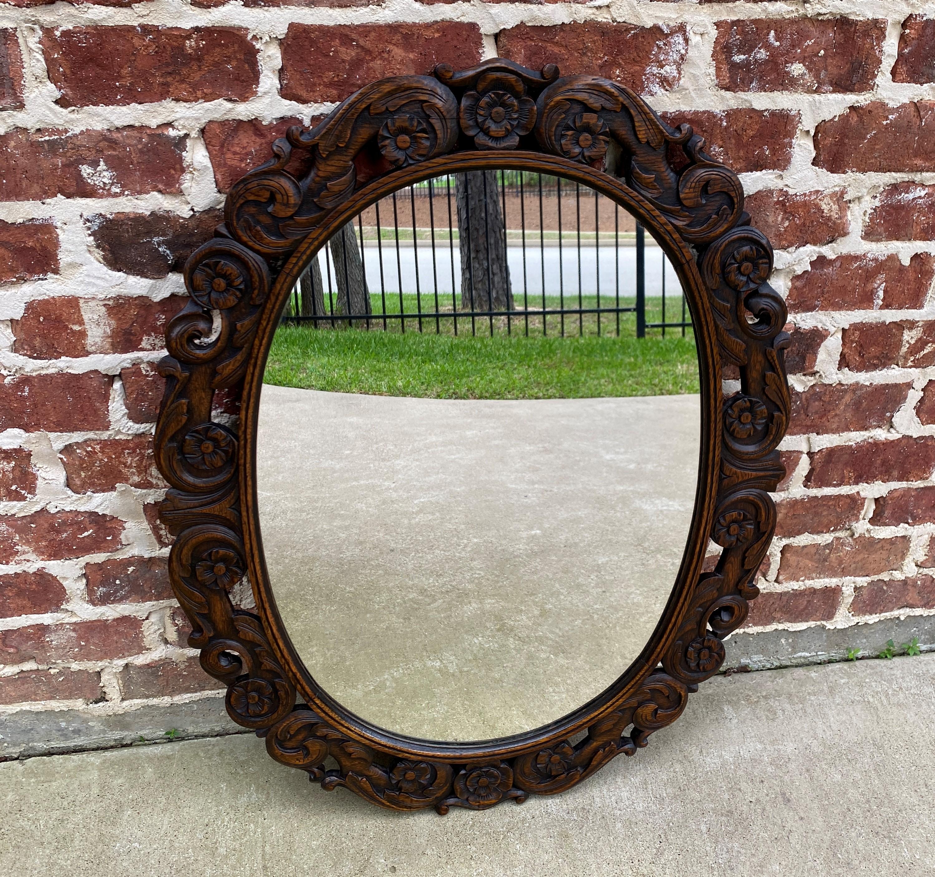 Antique English Mirror OVAL Carved Oak Frame Wood Back Edwardian Era 3