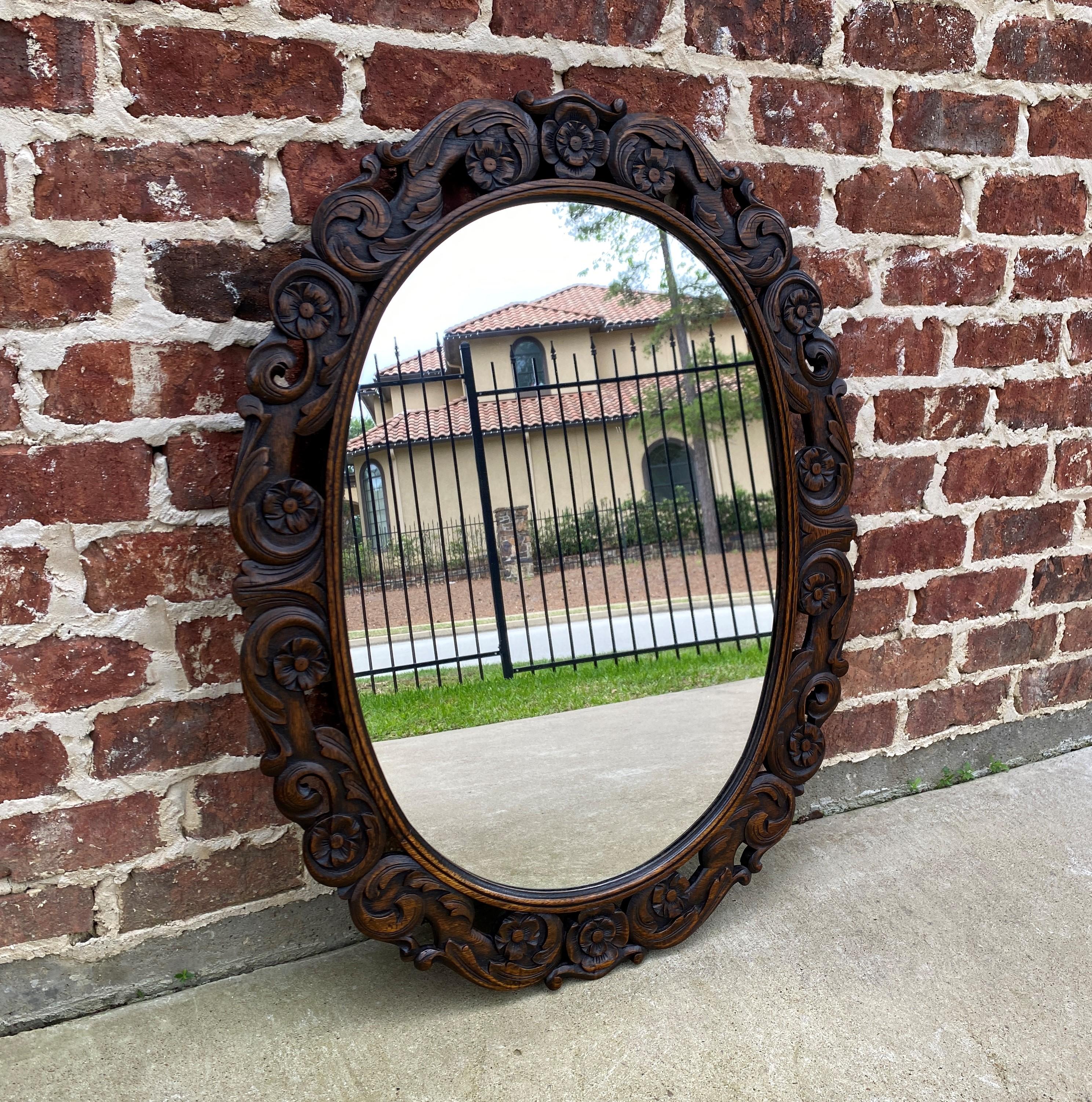 Antique English Mirror OVAL Carved Oak Frame Wood Back Edwardian Era 4