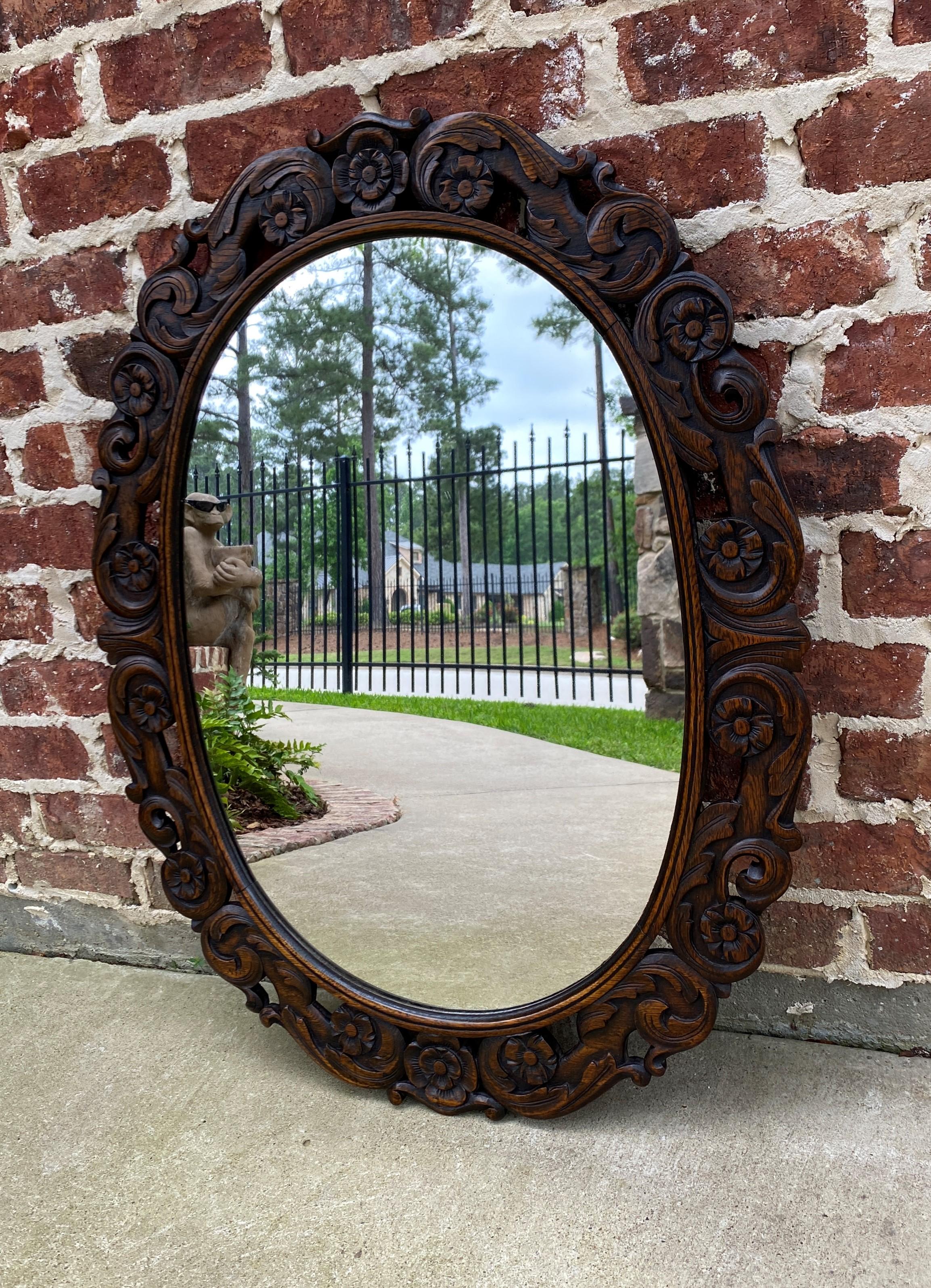 Antique English Mirror OVAL Carved Oak Frame Wood Back Edwardian Era 5