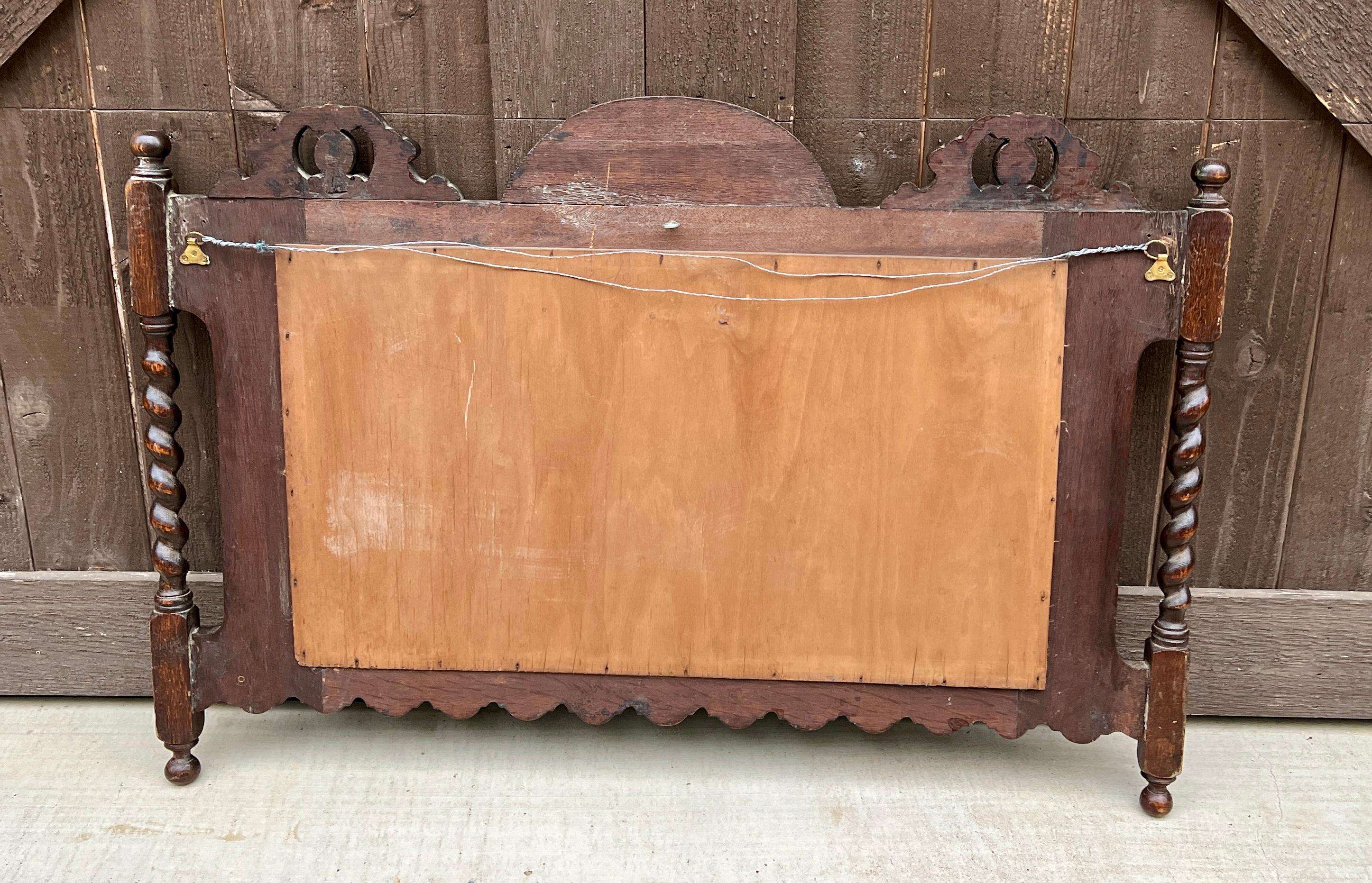 Antique English Mirror Rectangular Barley Twist Post Jacobean Oak 1930's 12