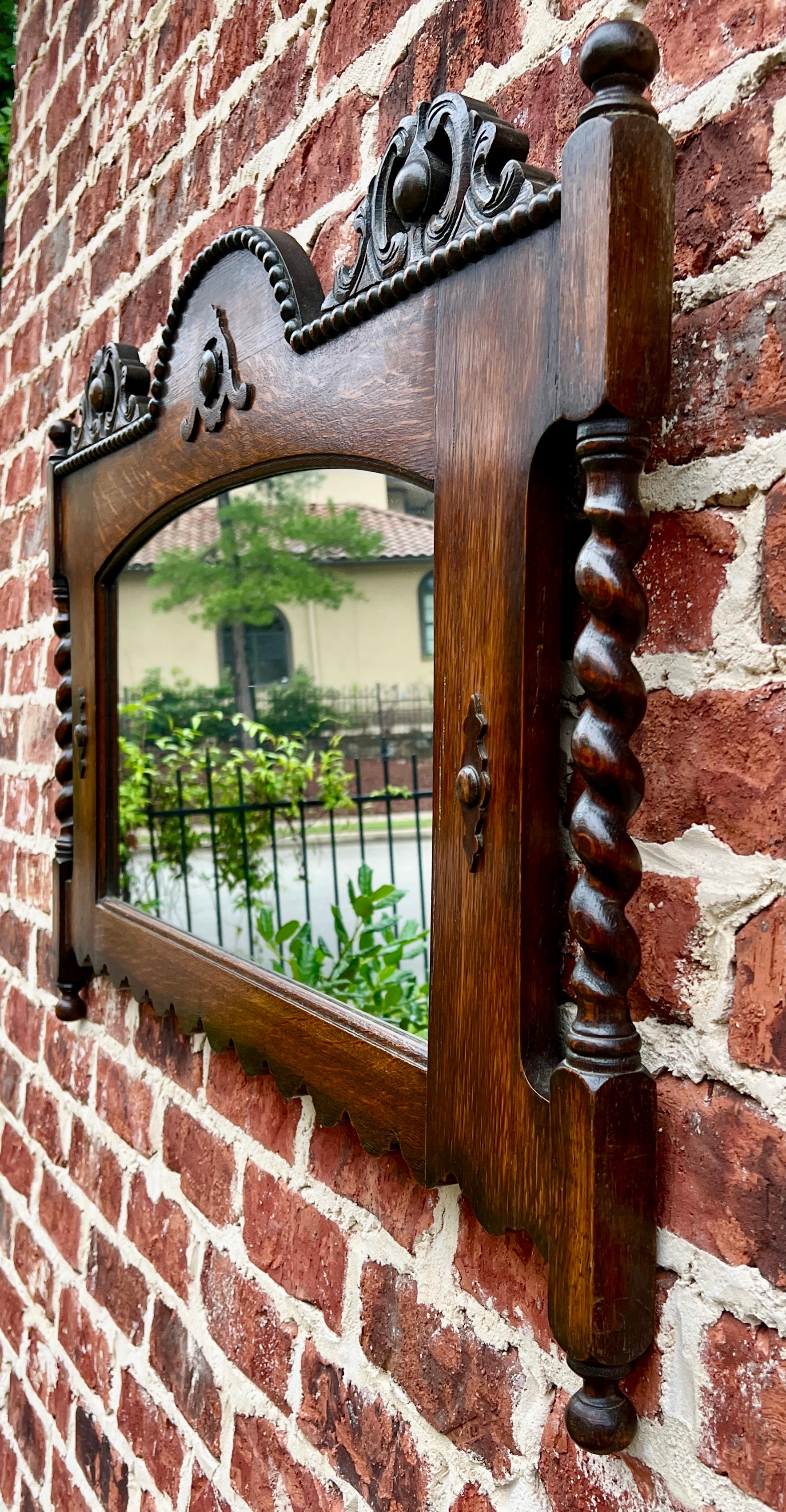 Carved Antique English Mirror Rectangular Barley Twist Post Jacobean Oak 1930's For Sale