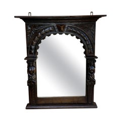 Antique English Mirror Renaissance Revival Oak Frame Figural Carvings Wood Back
