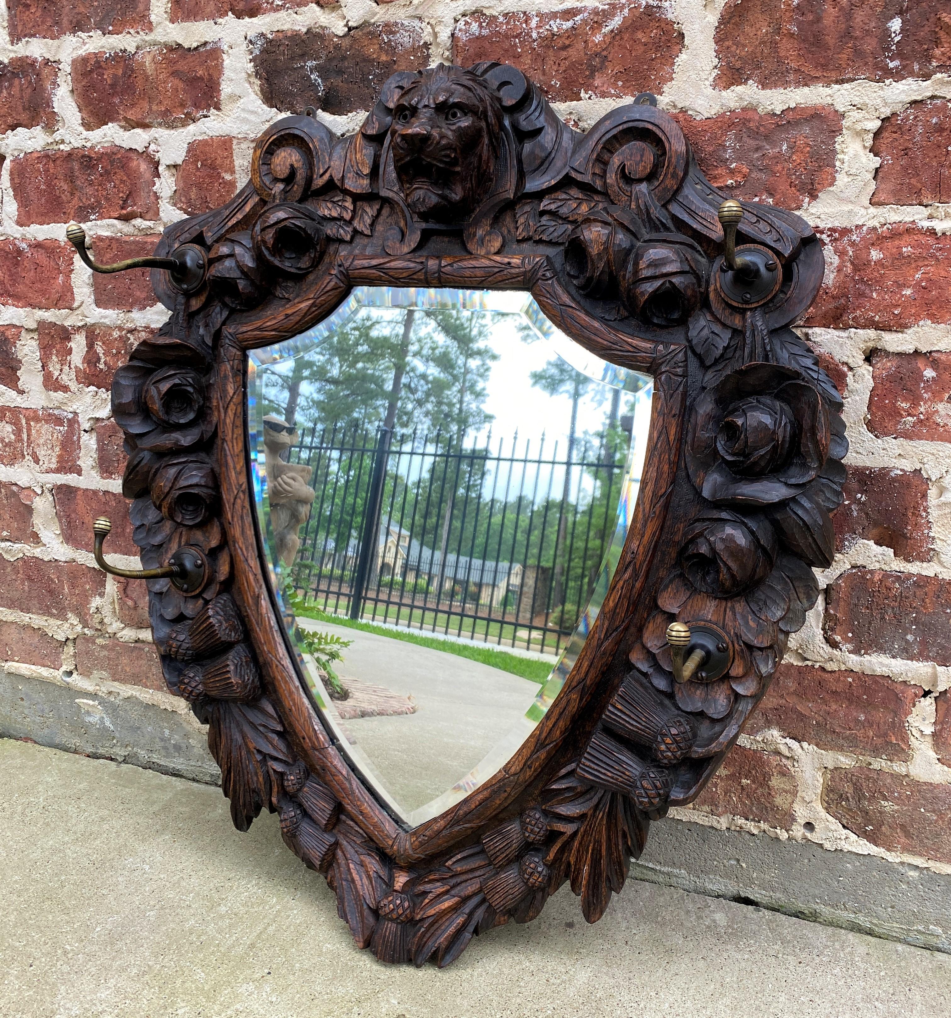 Antique English Mirror Renaissance Revival Oak Frame Shield Shape Lion Wood Back 5