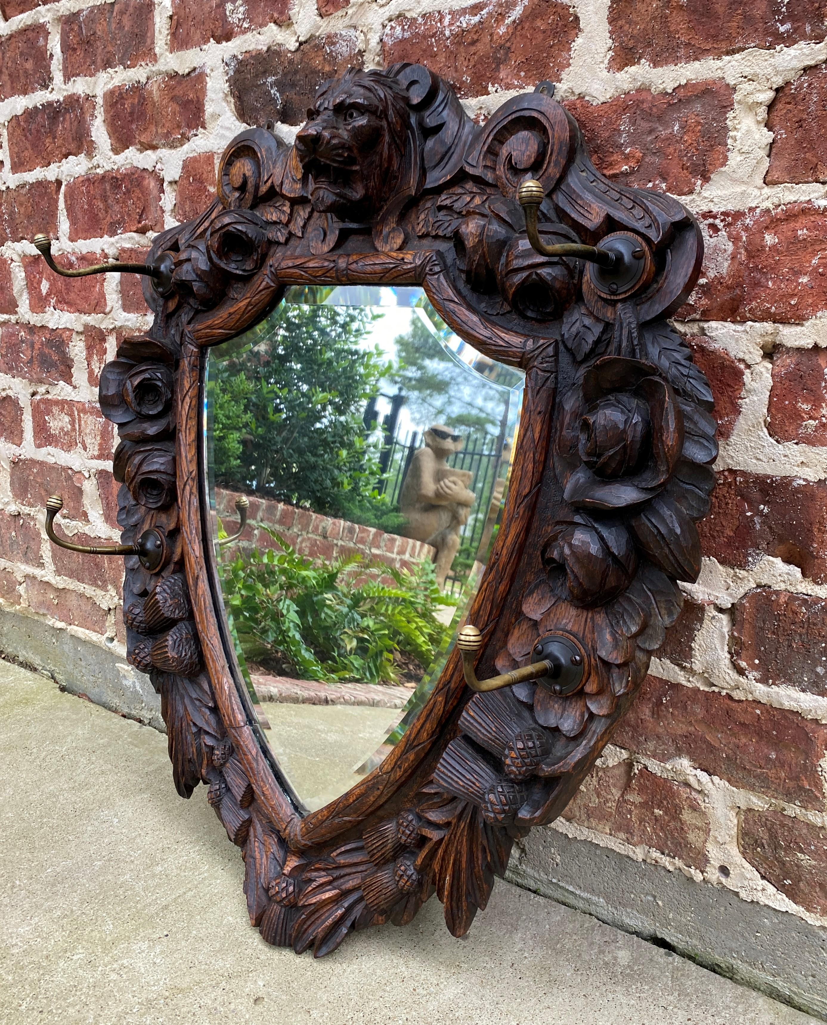 Antique English Mirror Renaissance Revival Oak Frame Shield Shape Lion Wood Back 6