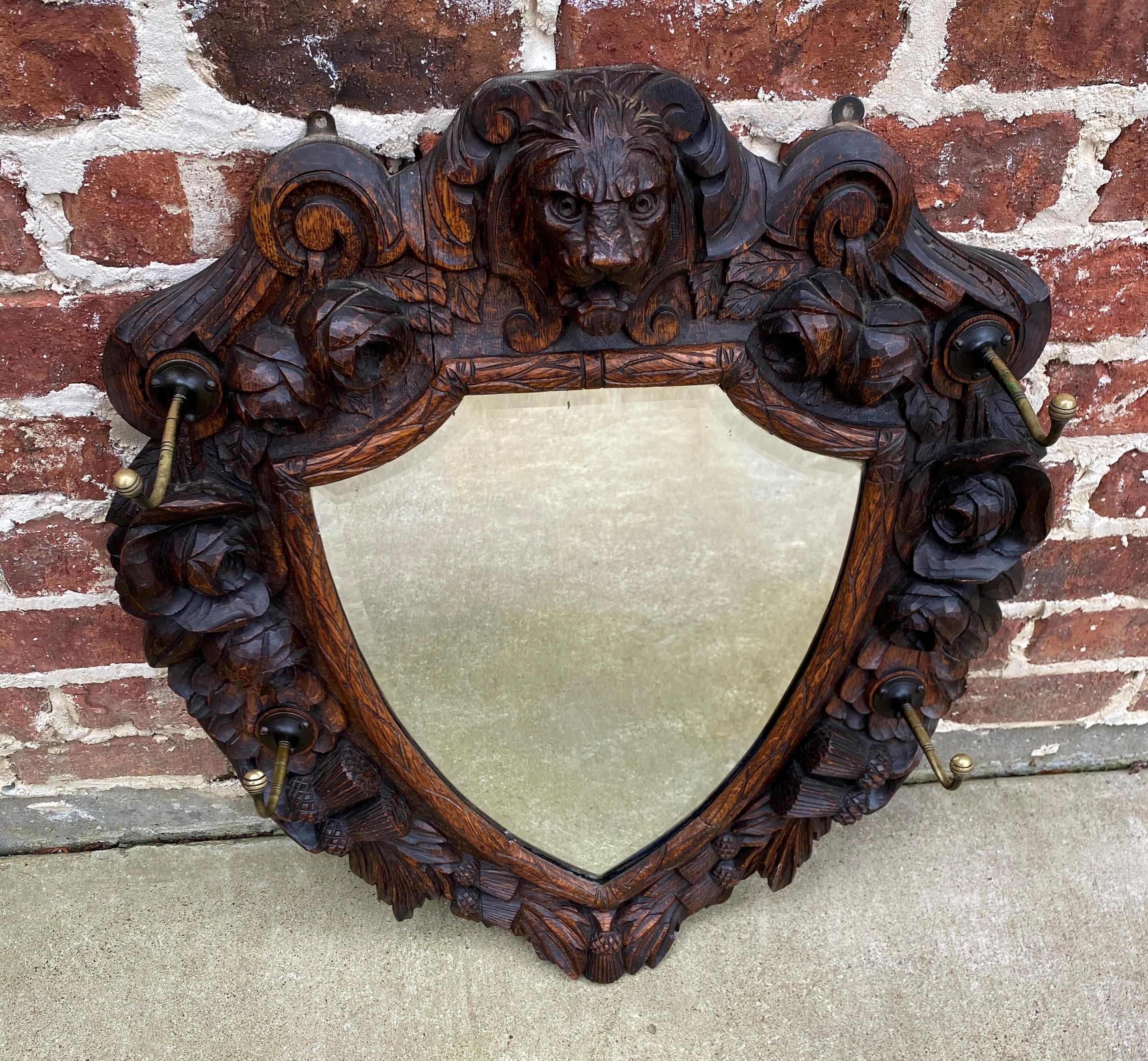 Antique English Mirror Renaissance Revival Oak Frame Shield Shape Lion Wood Back 7