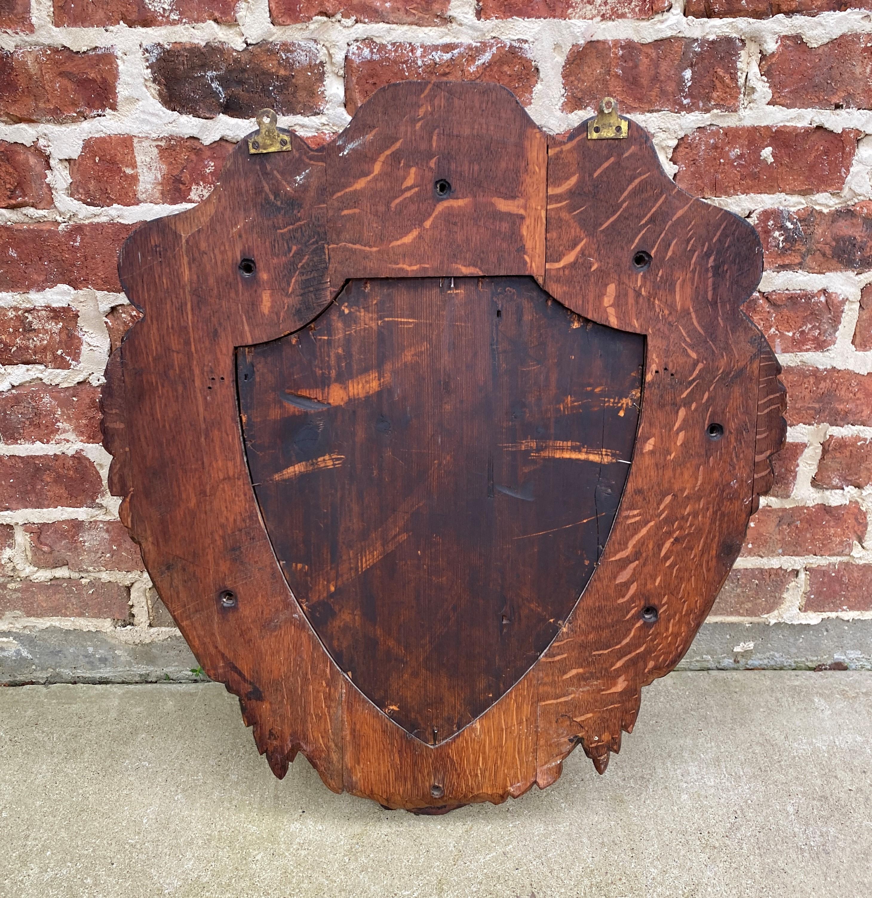 Antique English Mirror Renaissance Revival Oak Frame Shield Shape Lion Wood Back 8